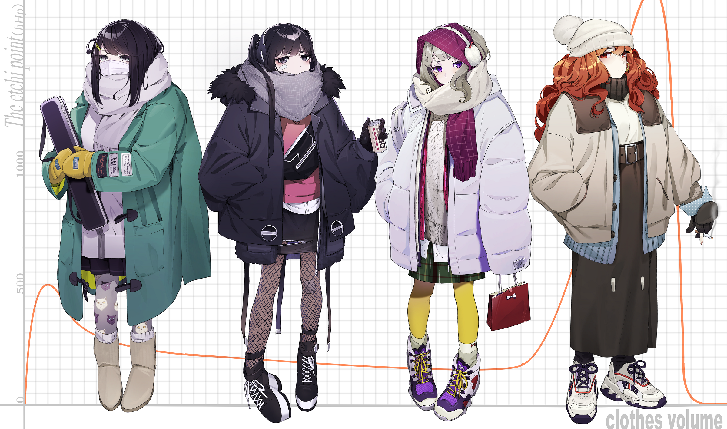 Anime girls in winter fashion standing in front of a graph HD Wallpaper