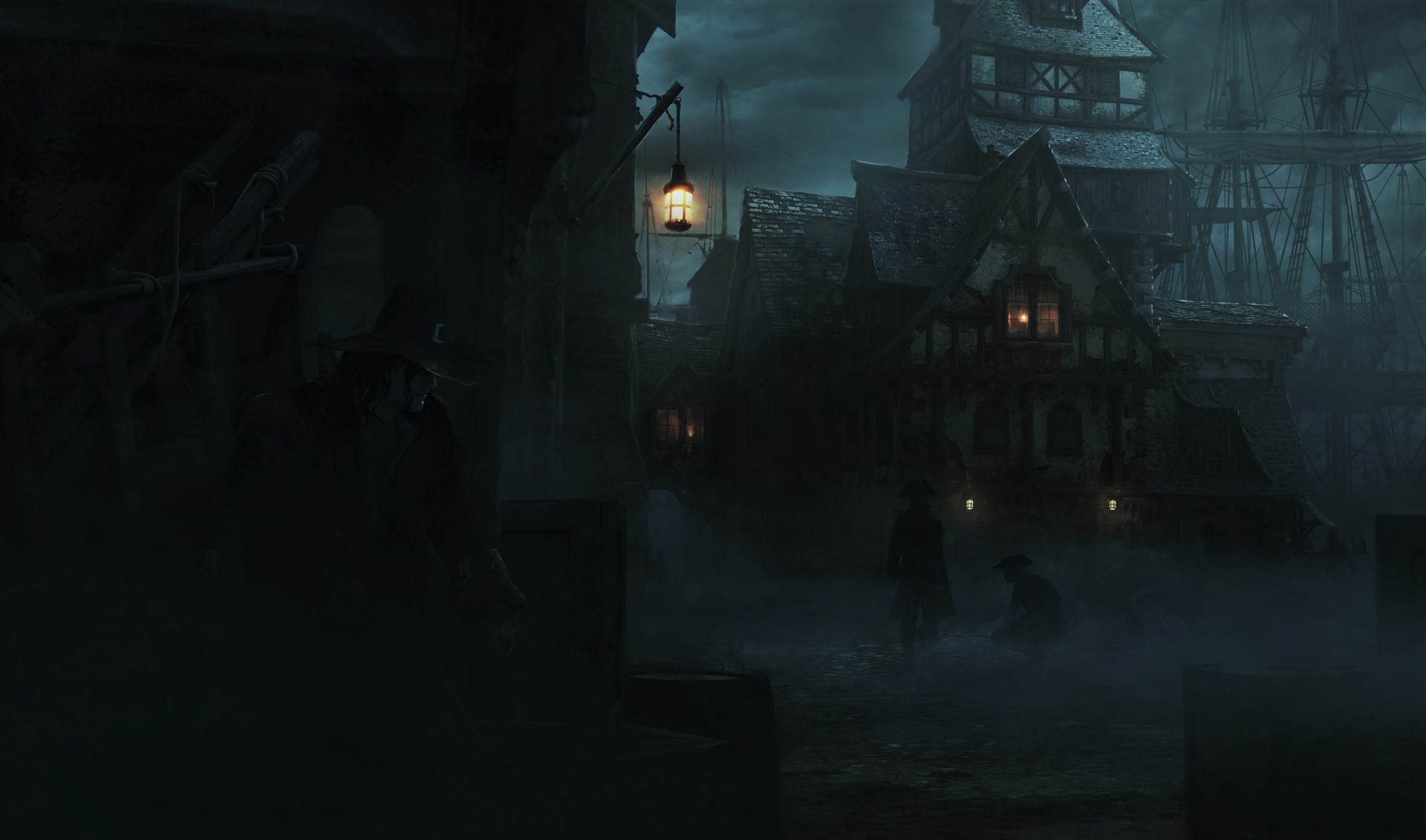 Dark port town with ships and figures in mist HD Wallpaper