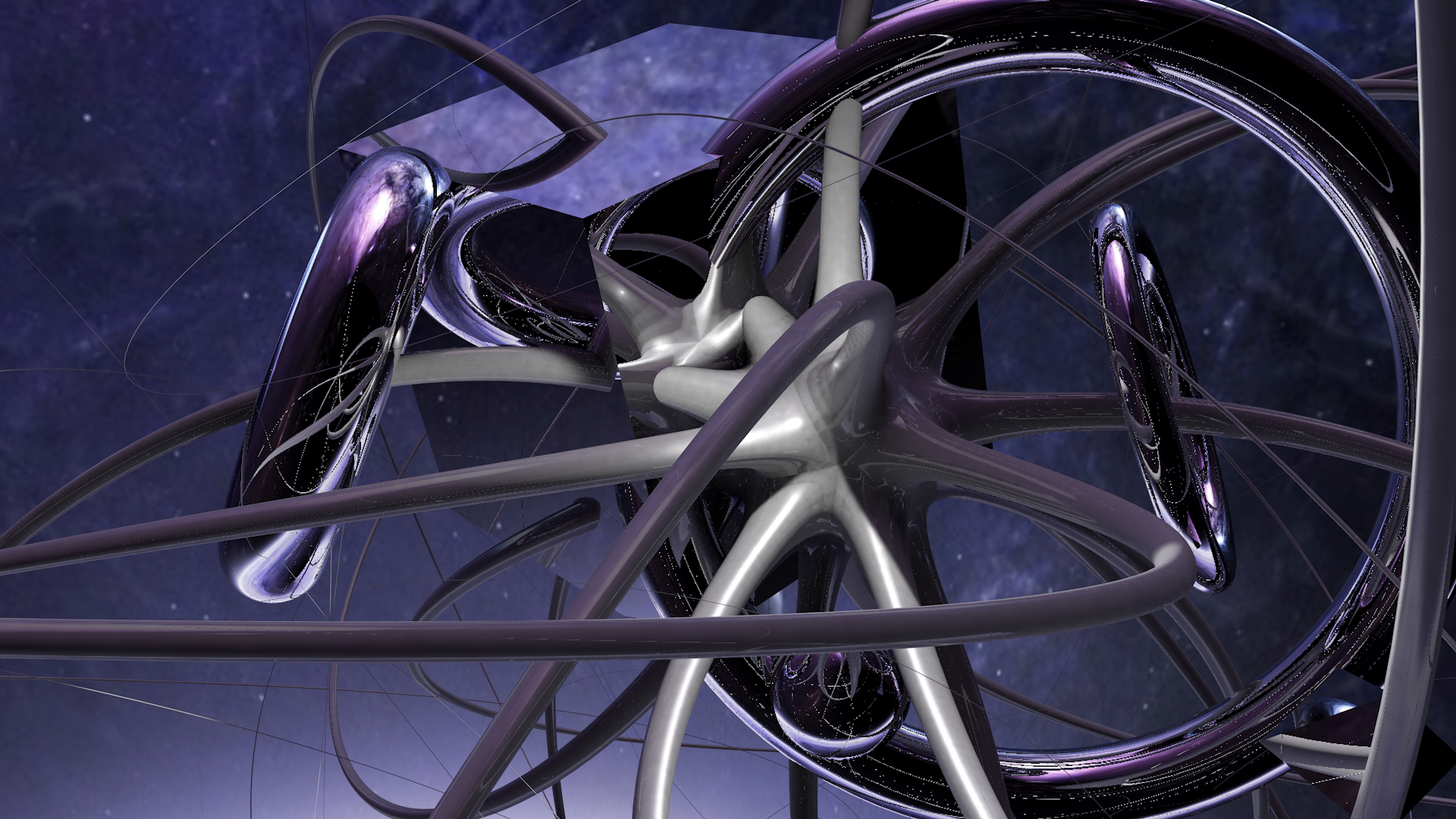 Abstract 3D digital art with violet rings and spheres HD Wallpaper
