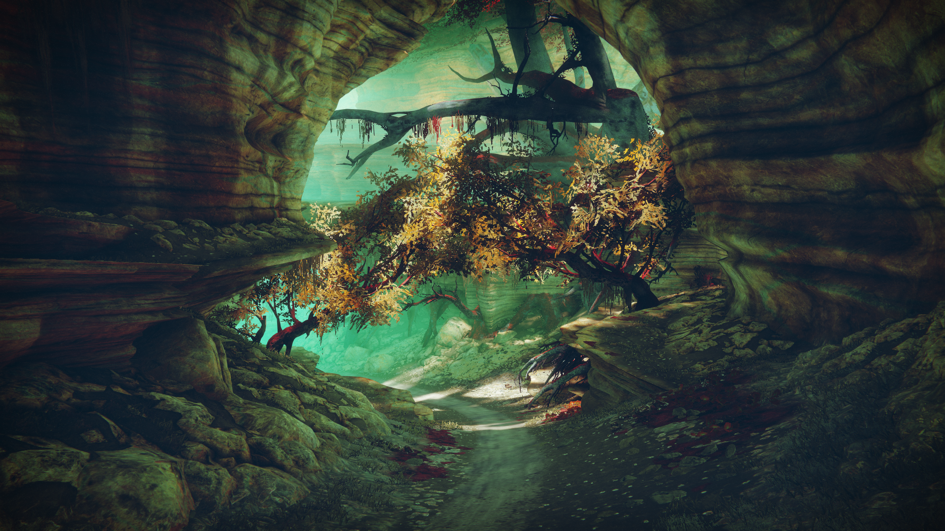 A surreal cave entrance with a path leading into a glowing forest HD Wallpaper