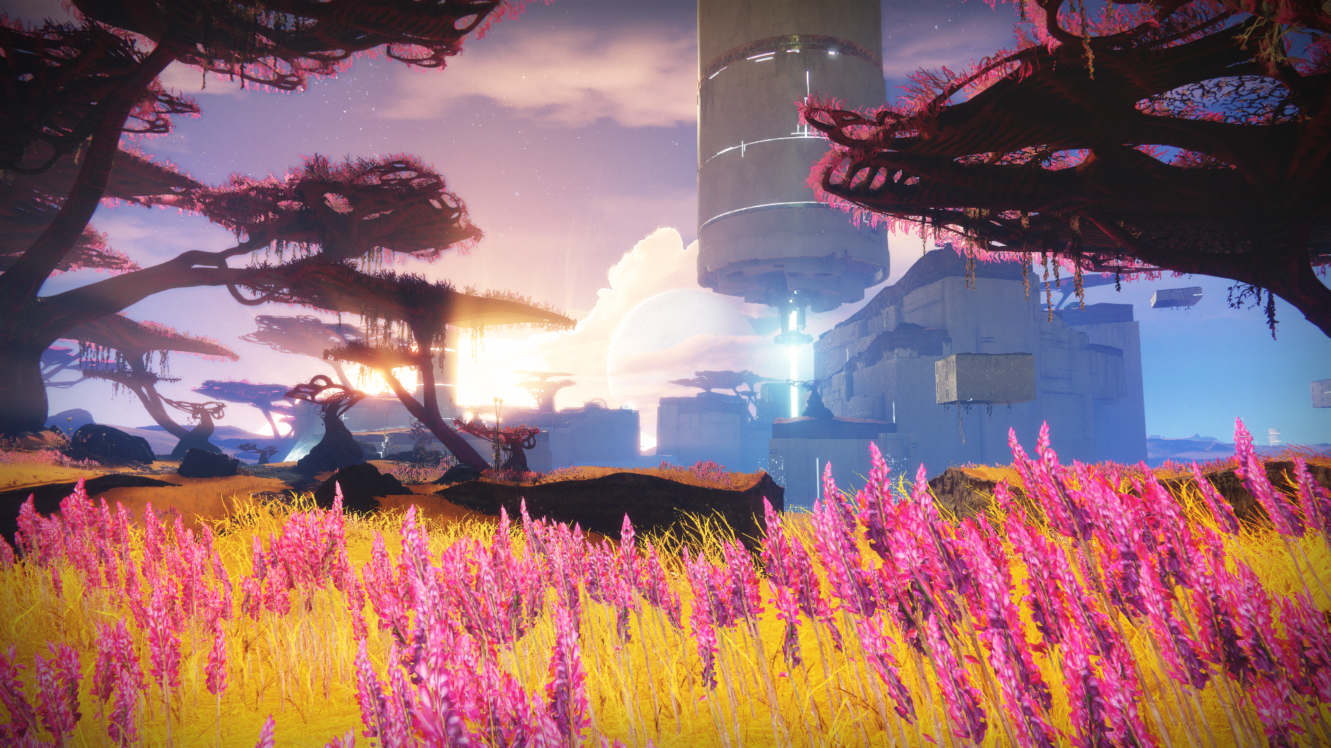 Destiny 2: Alien landscape with futuristic structures HD Wallpaper