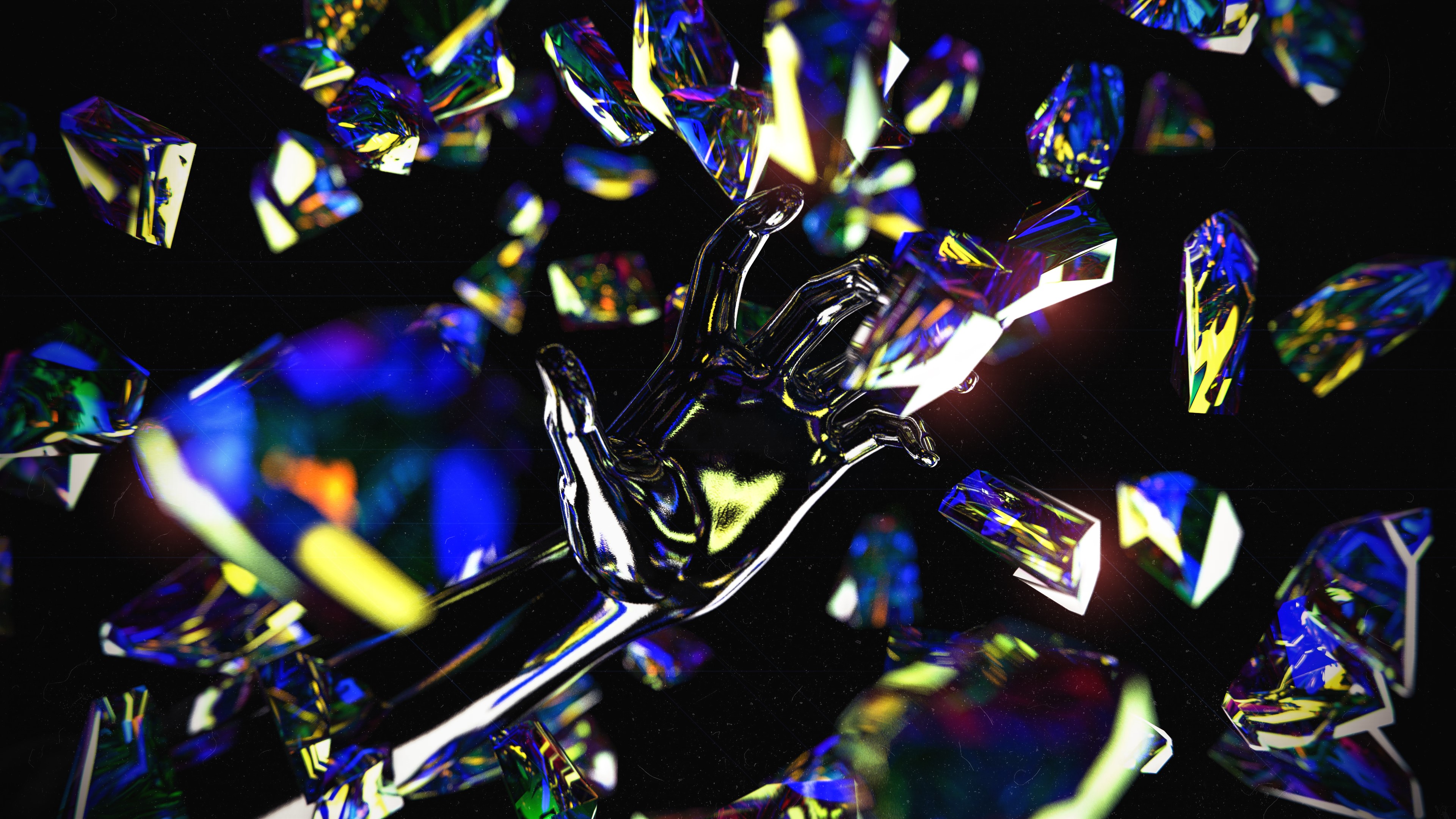 Chrome hand reaching for iridescent crystals 4K HD Wallpaper