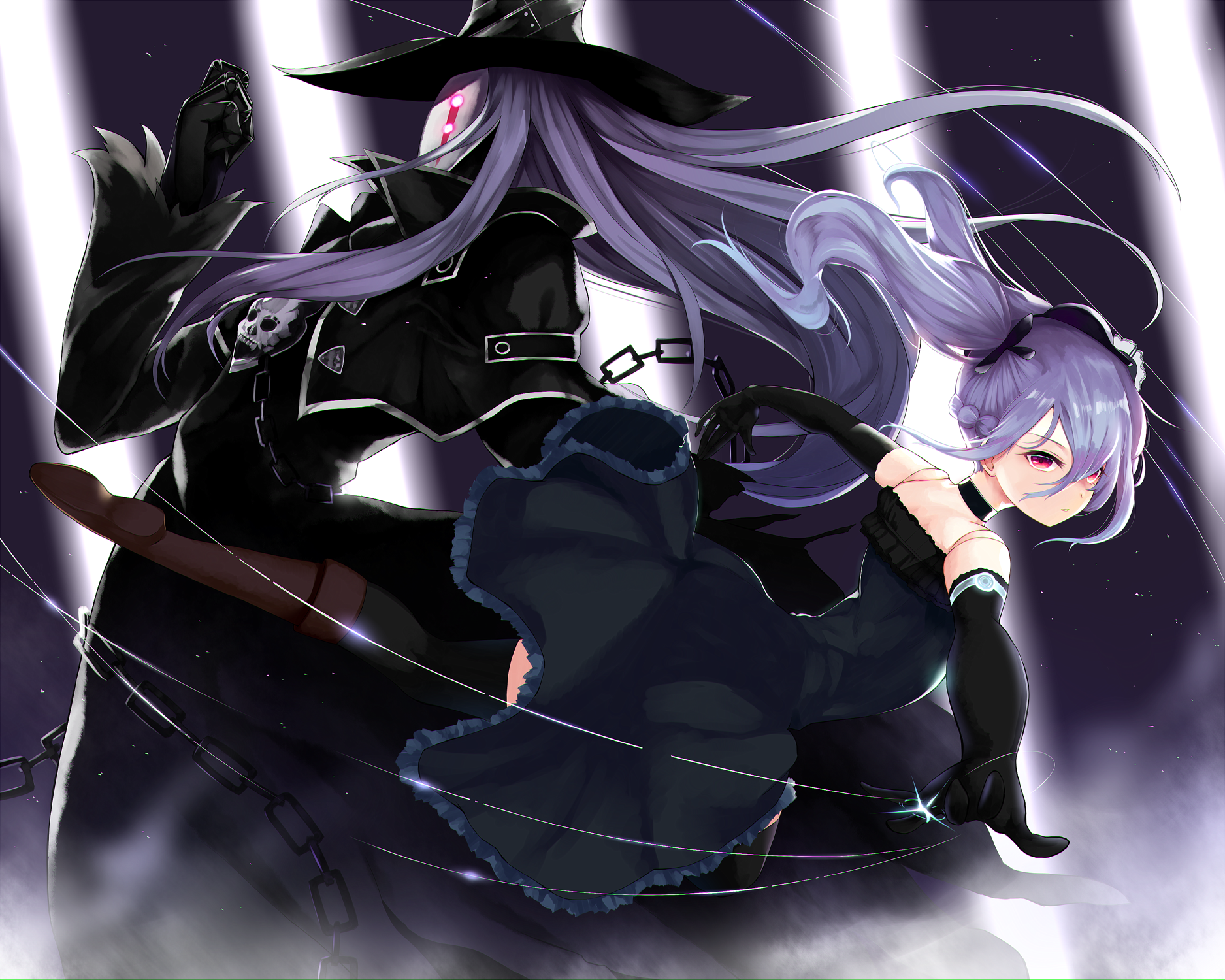 Two anime girls with purple hair, one in a black witch costume HD Wallpaper