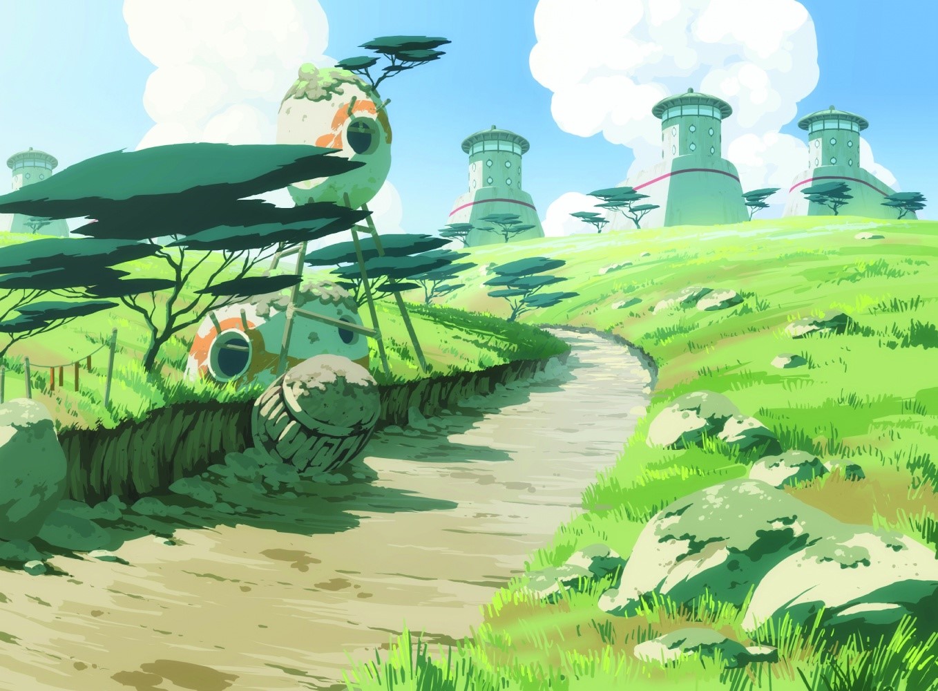 Oban Star Racers landscape with towers and unique dwellings HD Wallpaper