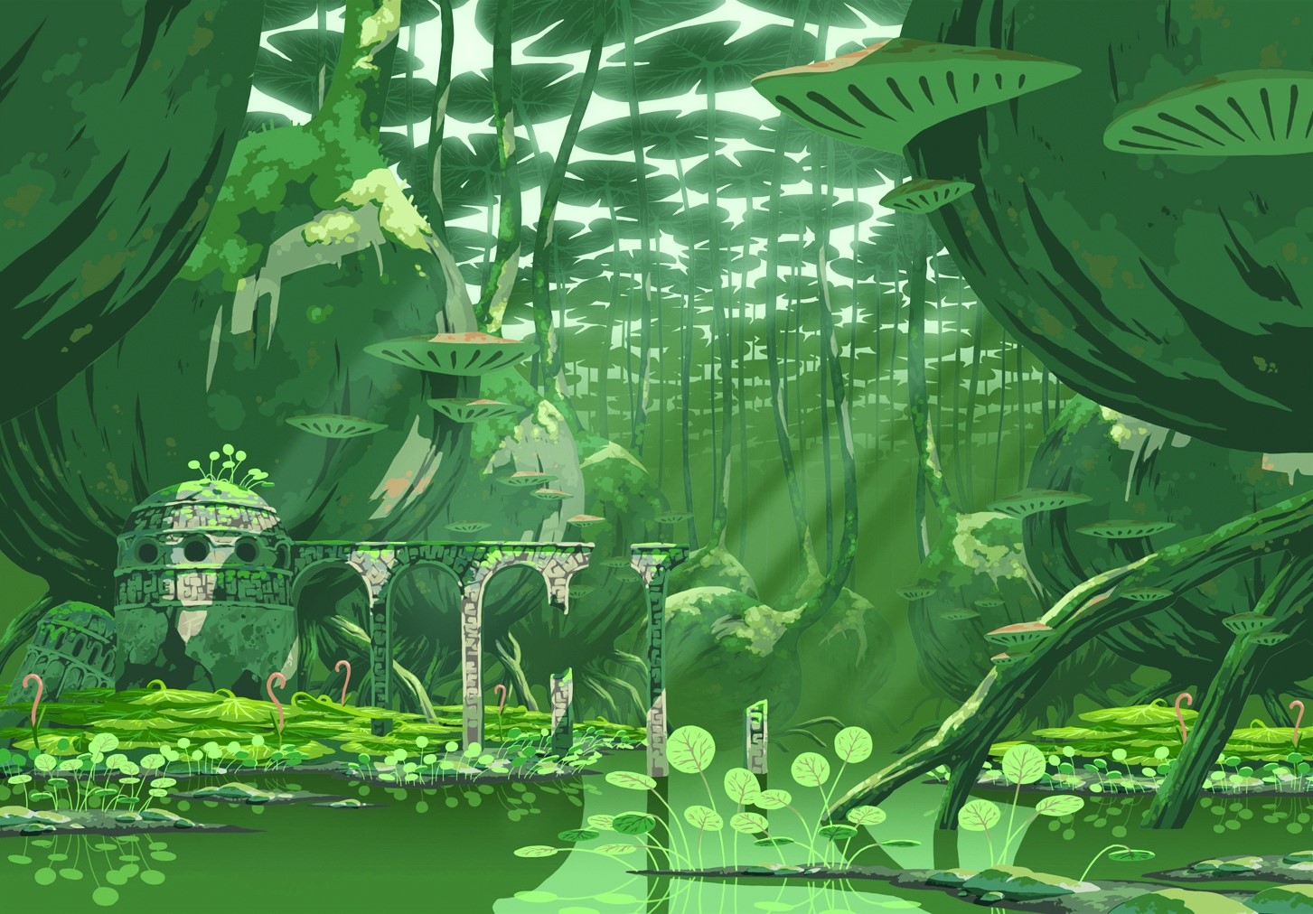 Abandoned overgrown lake with ancient ruins and sun rays HD Wallpaper
