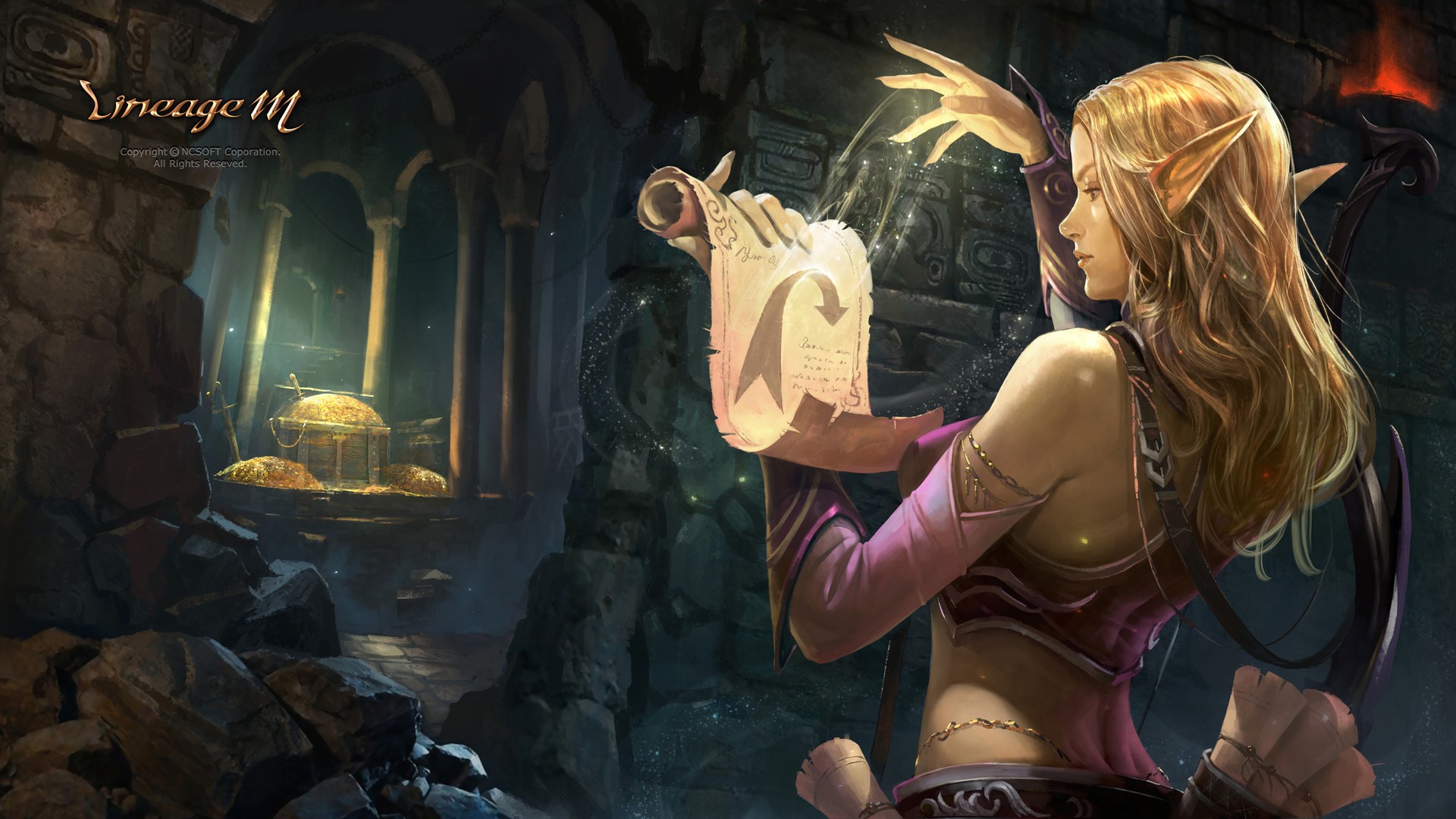 Lineage M Elf with Scroll and Treasure Chest HD Wallpaper