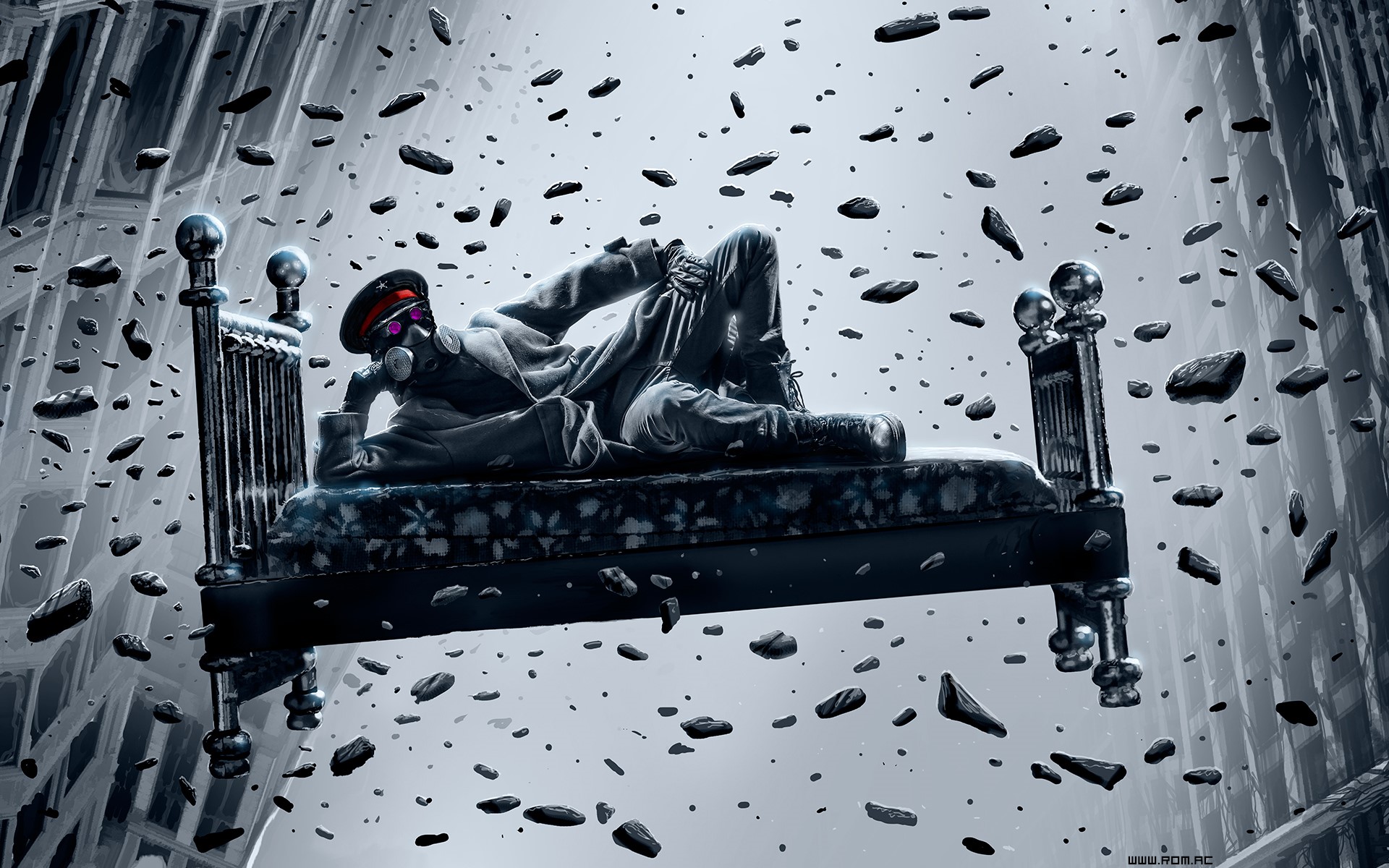 Man in gas mask on a floating bed with debris HD Wallpaper