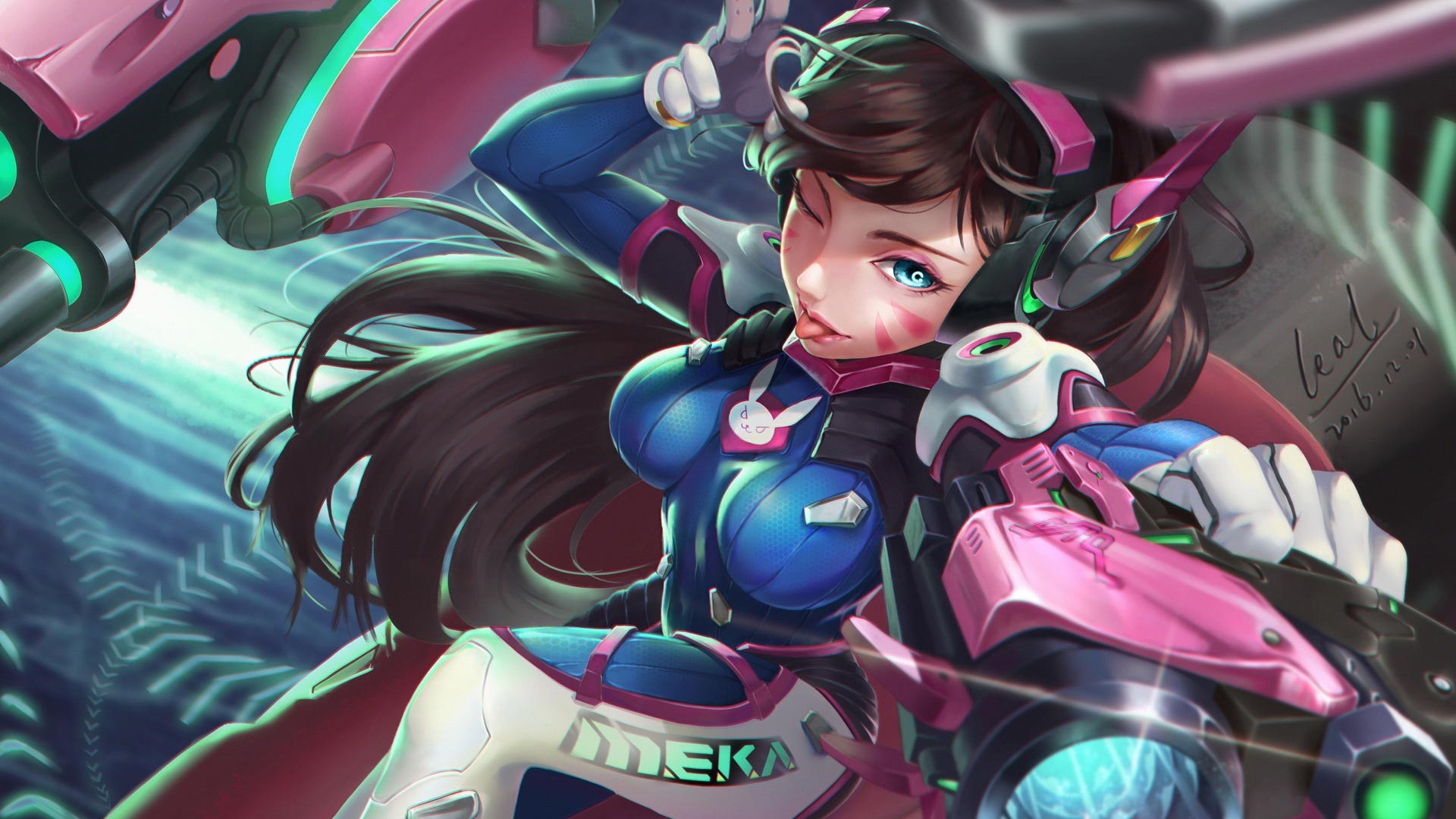 D.Va from Overwatch in a blue and pink mech suit HD Wallpaper