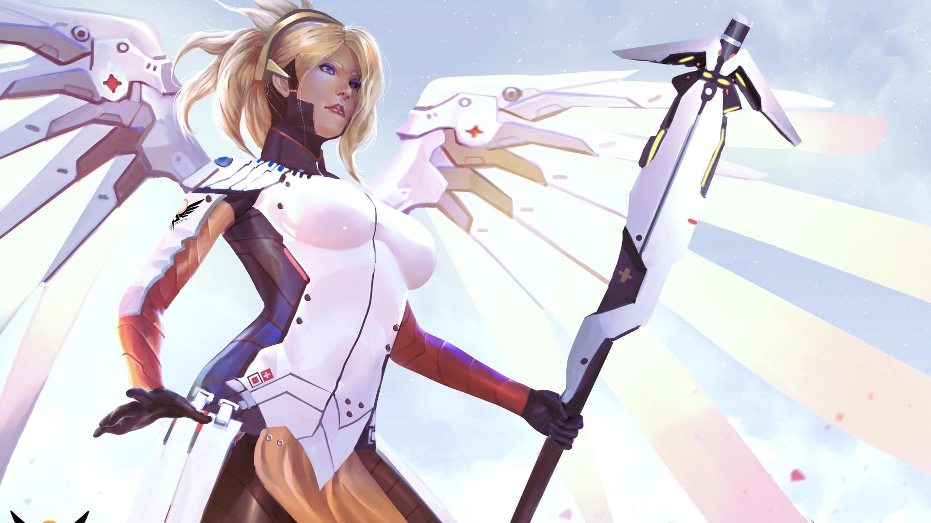 Mercy from Overwatch with wings and staff HD Wallpaper