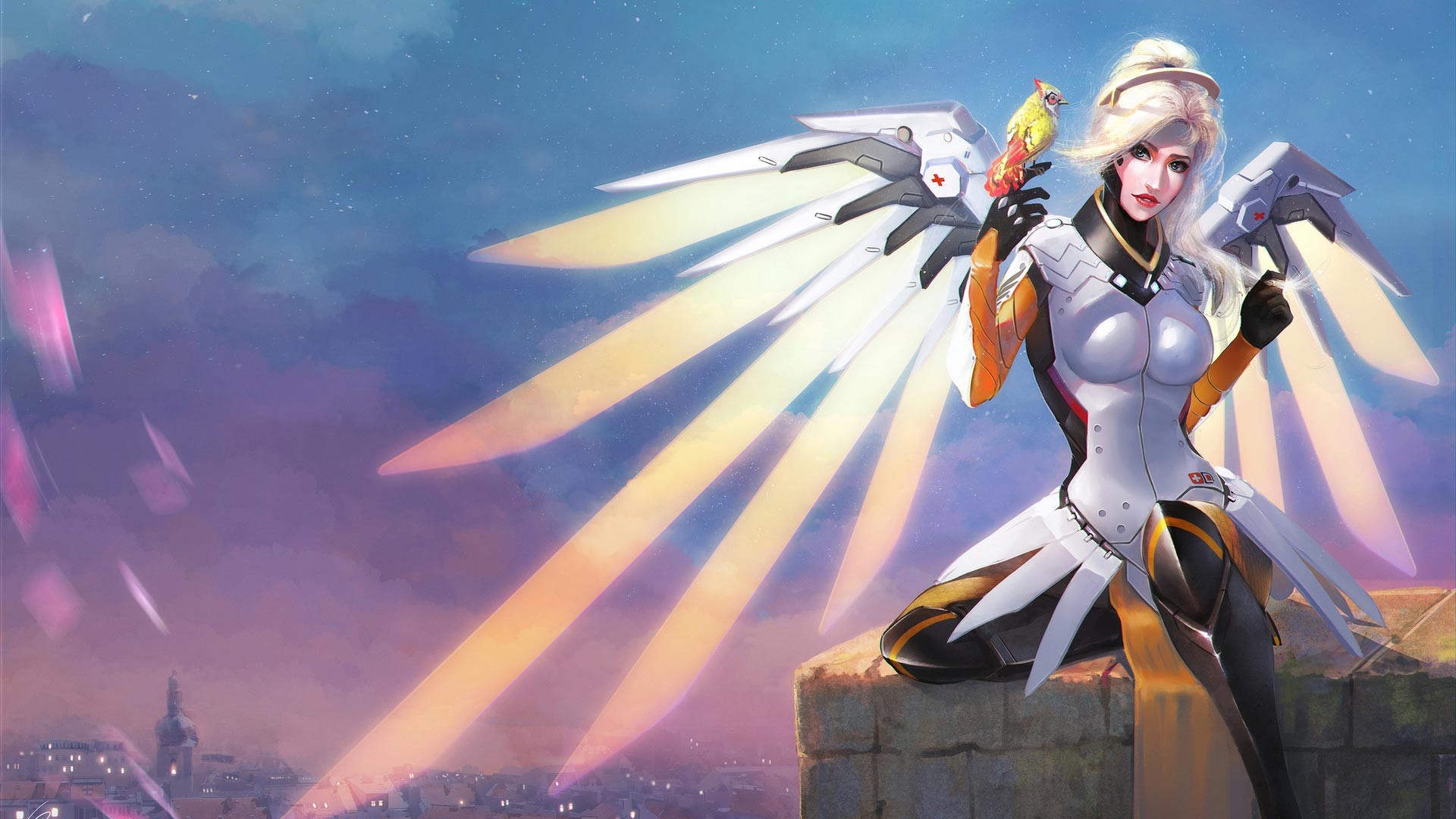 Mercy from Overwatch with a bird on her hand HD Wallpaper