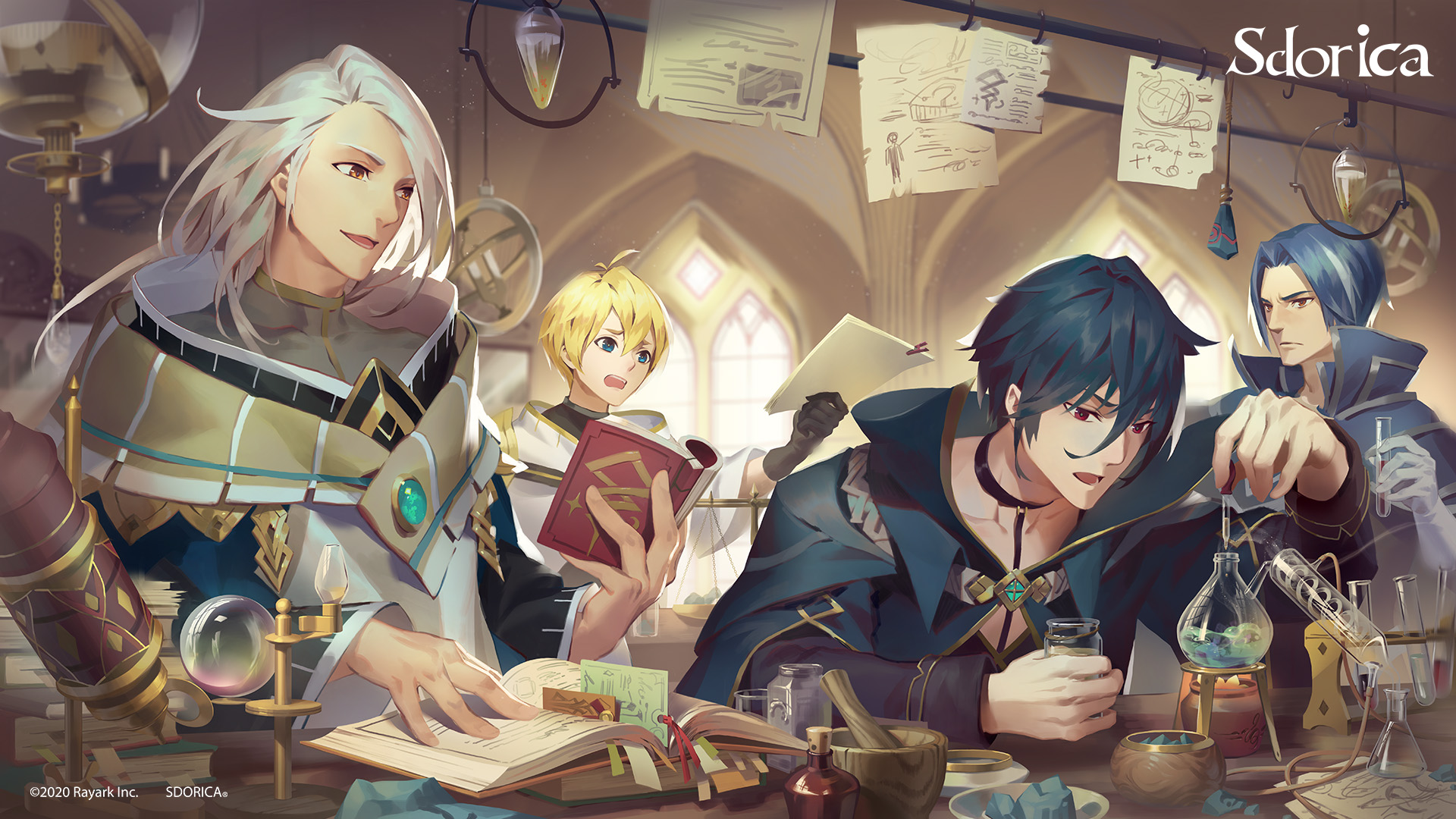 Sdorica characters in a laboratory setting HD Wallpaper