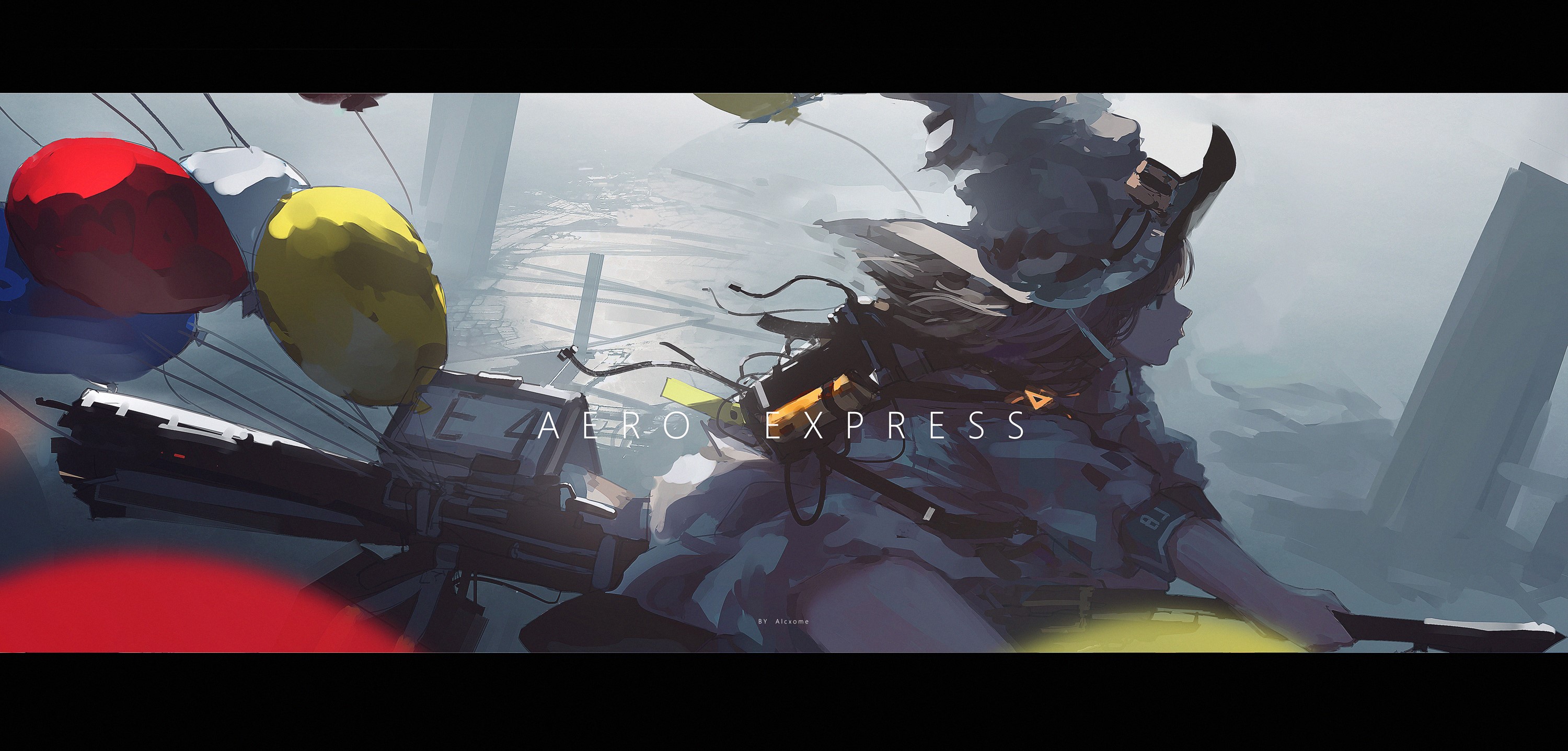 Girl with balloons and rifle, "Aero Express" HD Wallpaper