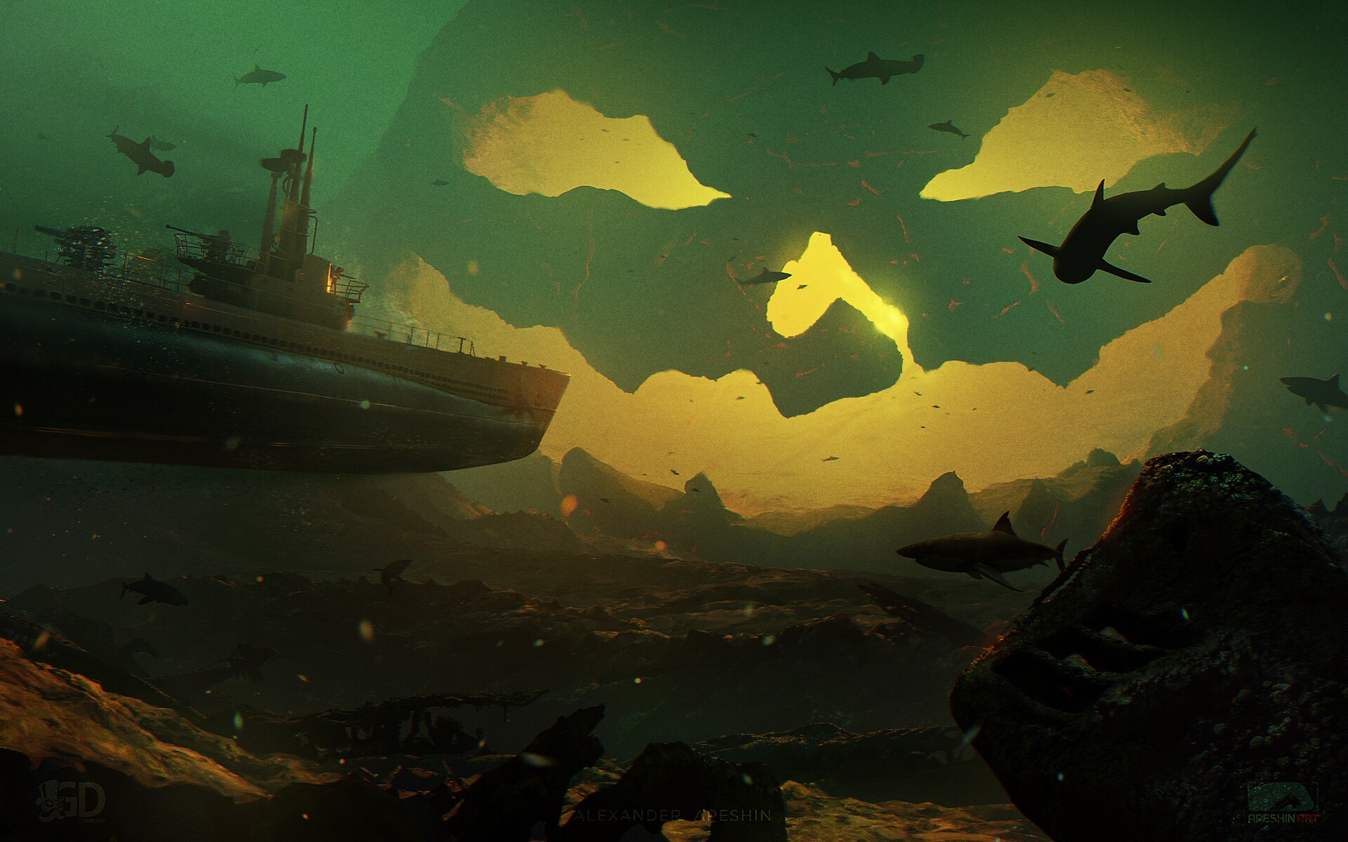 Submarine and sharks in a surreal underwater landscape HD Wallpaper