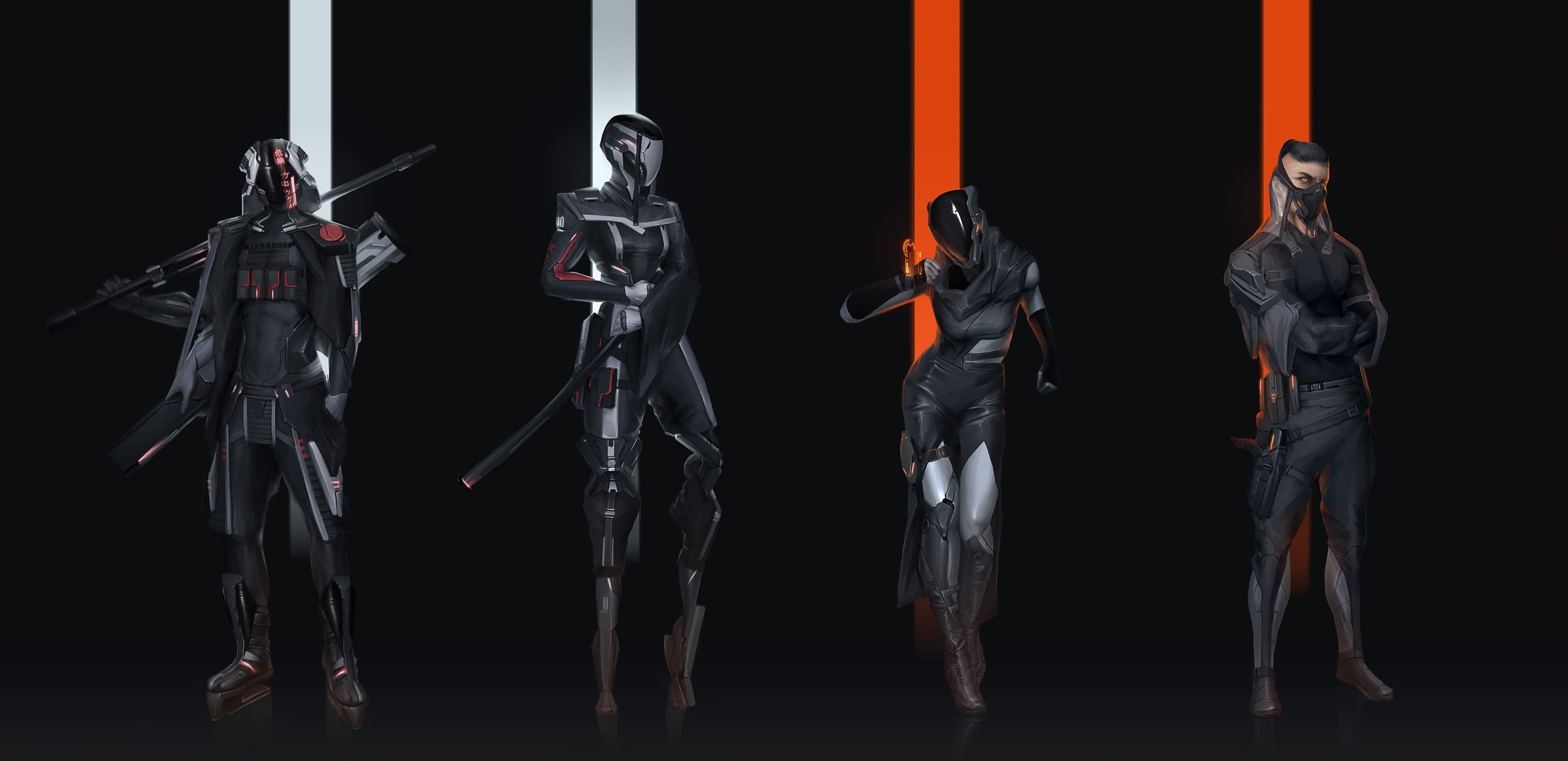 Four futuristic characters in black and red armor HD Wallpaper
