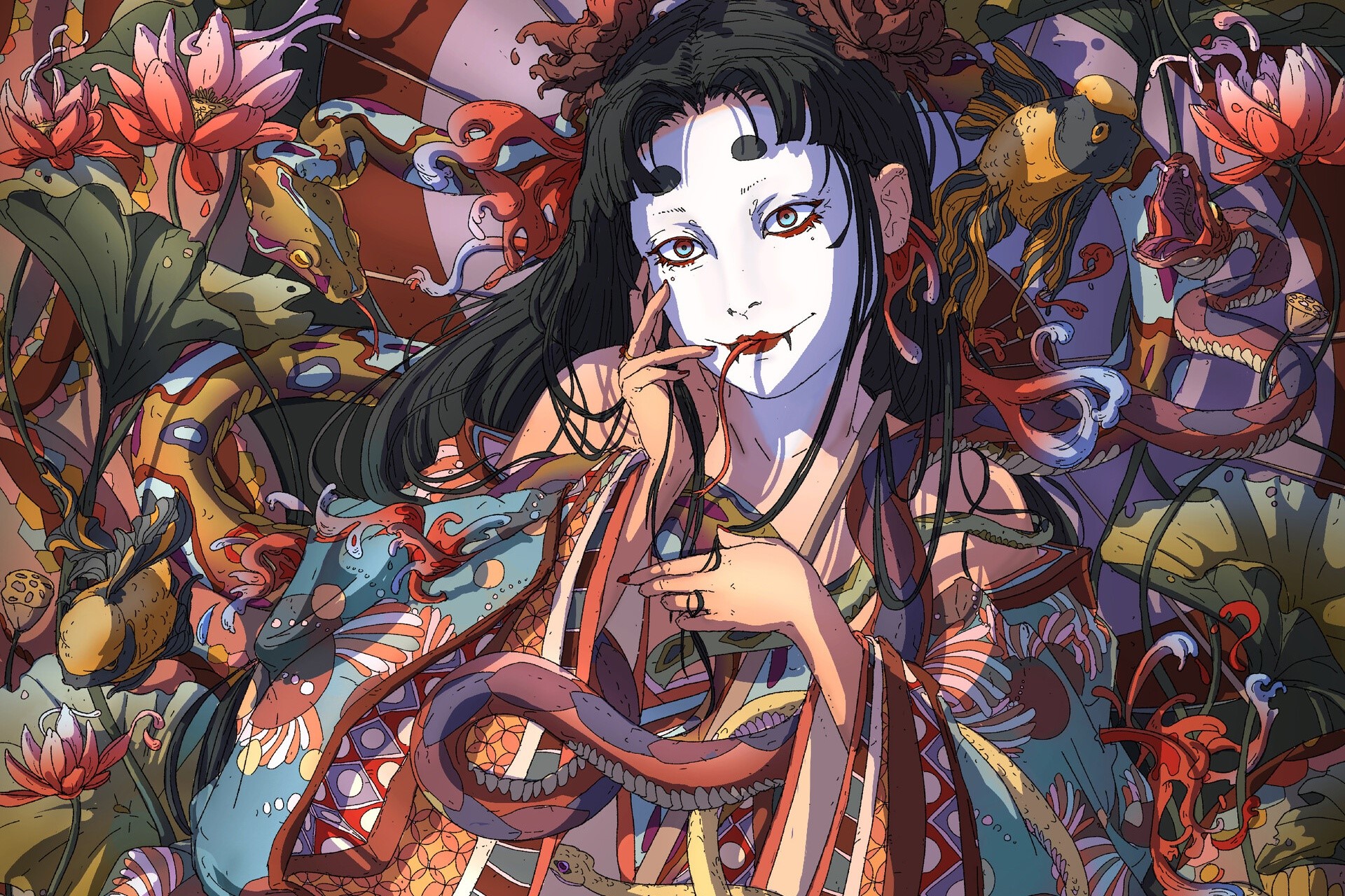 Artwork of a woman with snakes and lotuses HD Wallpaper