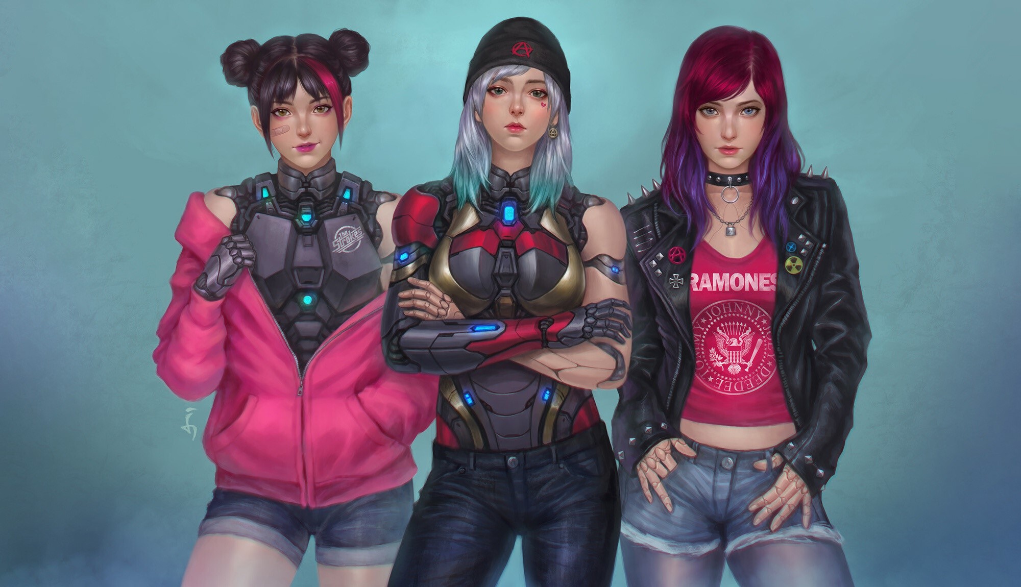 Three cyberpunk women with punk rock style HD Wallpaper