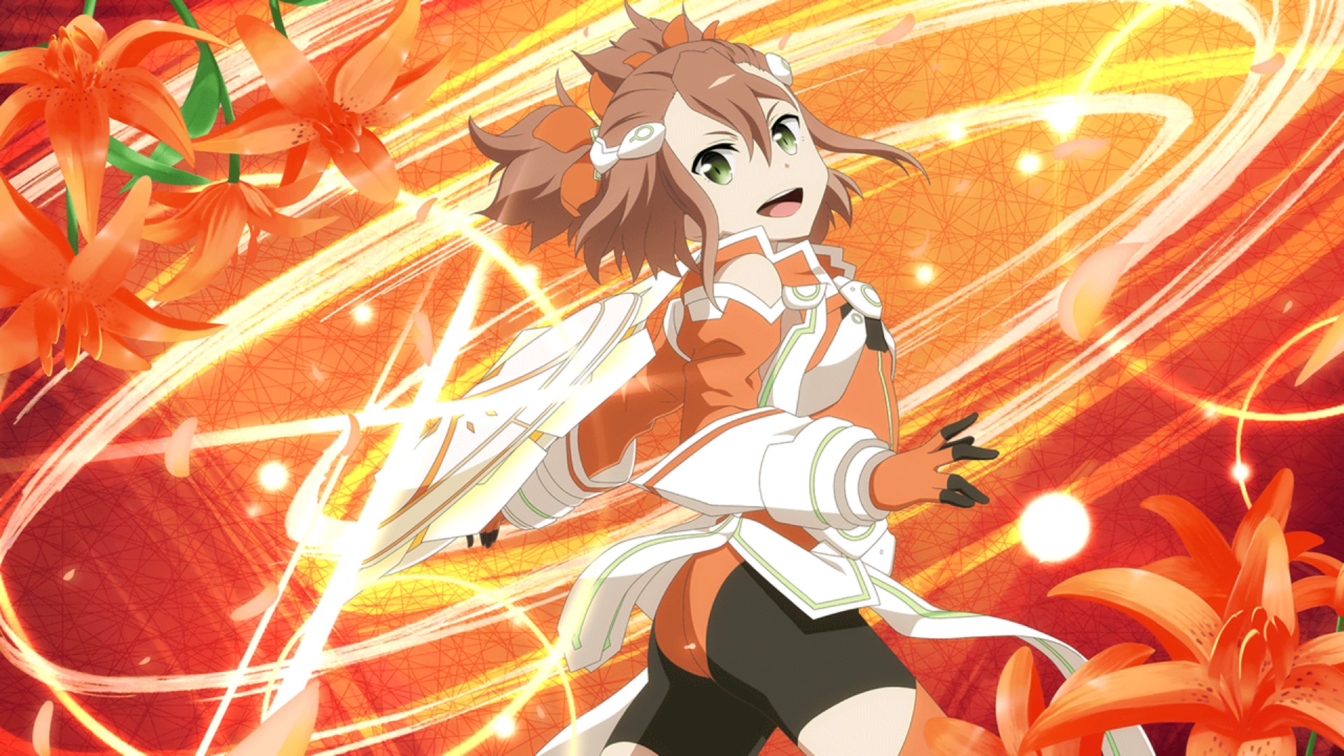 Anime girl with orange outfit and green eyes HD Wallpaper
