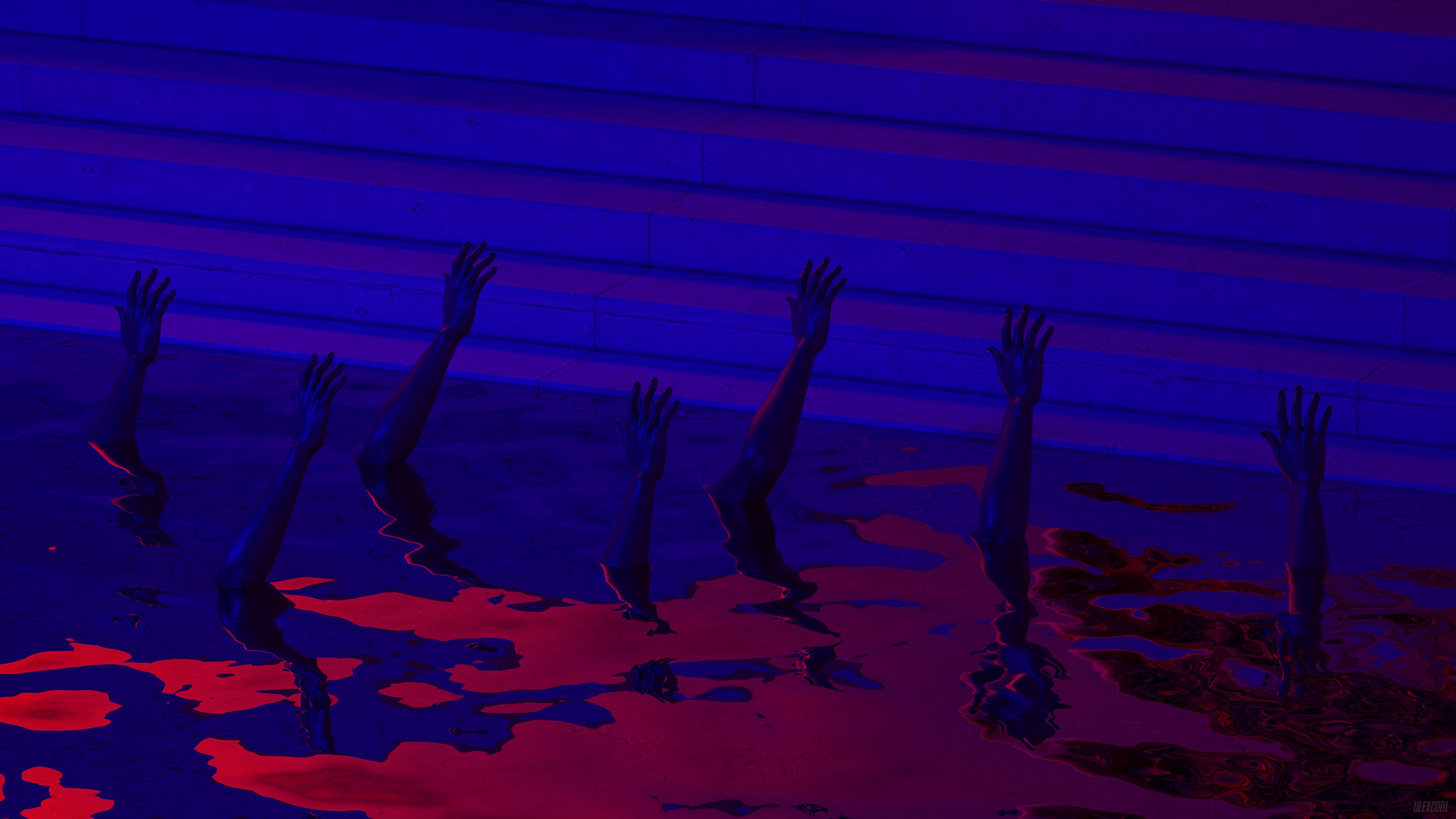 Cultists' hands emerge from red water under blue lights HD Wallpaper