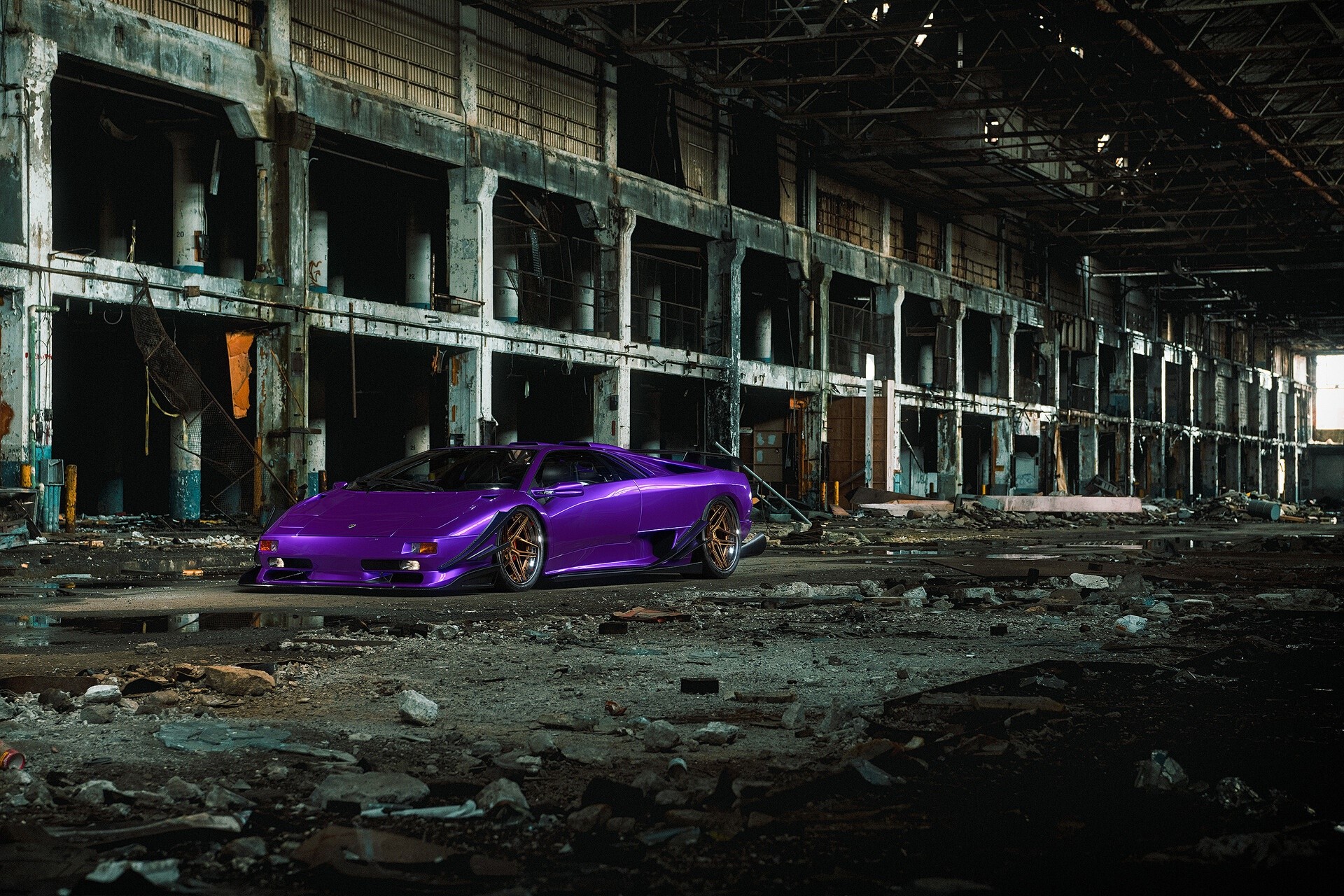 Purple Lamborghini Diablo in abandoned factory HD Wallpaper