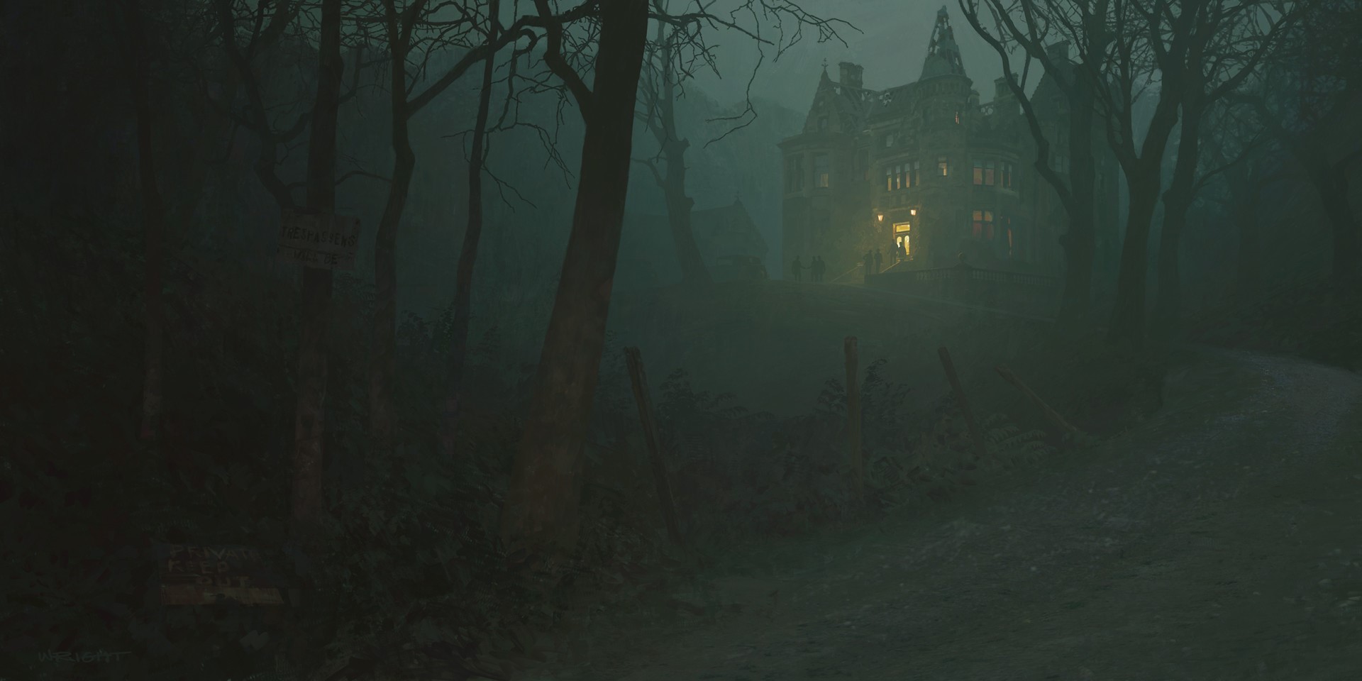 Mansion in a foggy forest at night HD Wallpaper