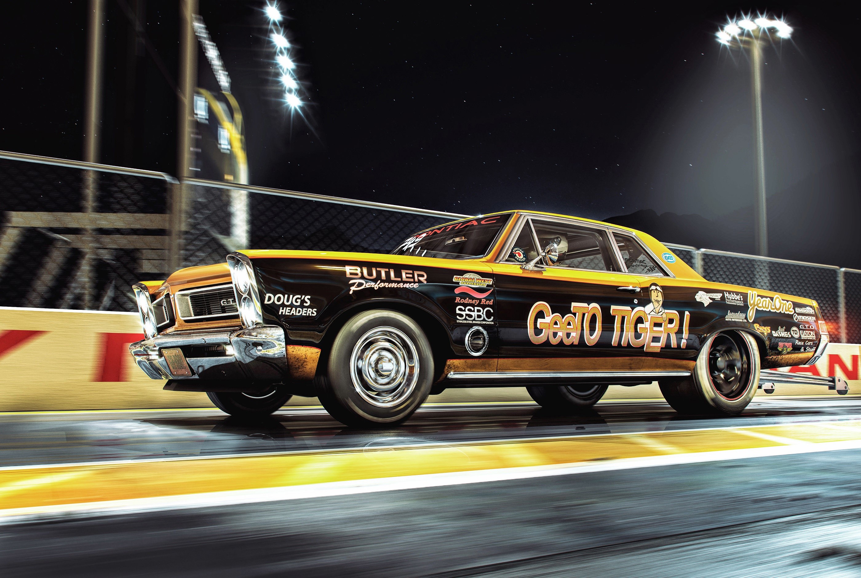 GeeTO Tiger! Pontiac GTO race car at night HD Wallpaper
