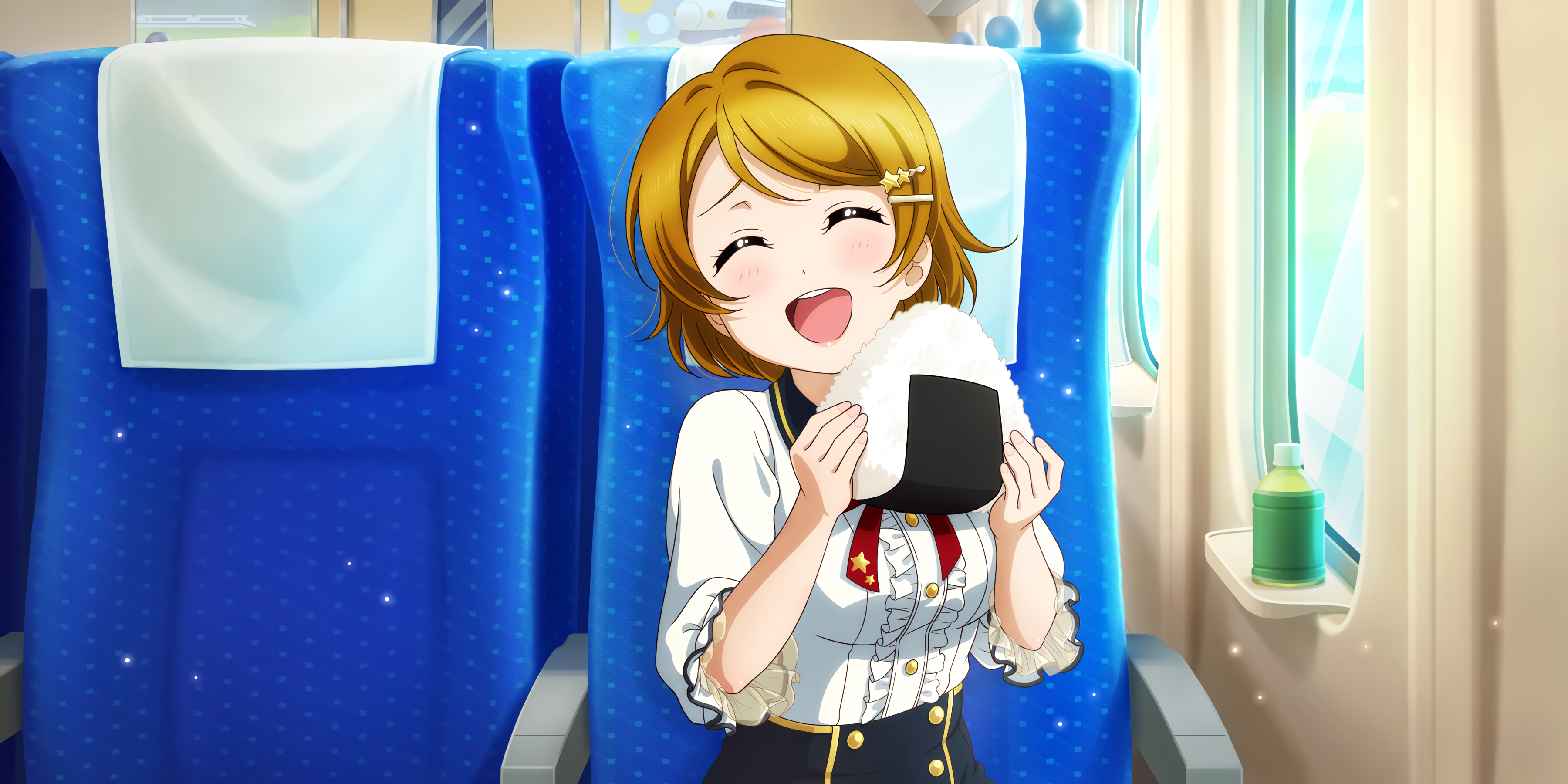 Hanayo Koizumi from Love Live! eating onigiri on a train HD Wallpaper