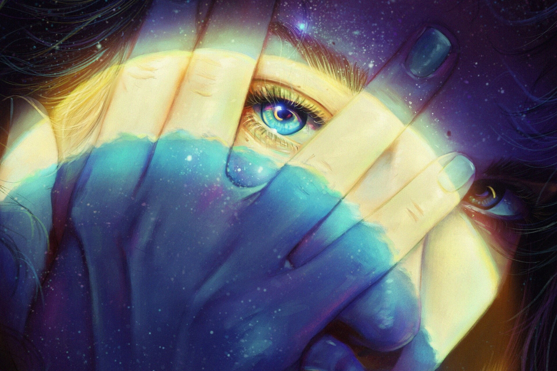 Woman with galaxy-themed hands covering her face HD Wallpaper