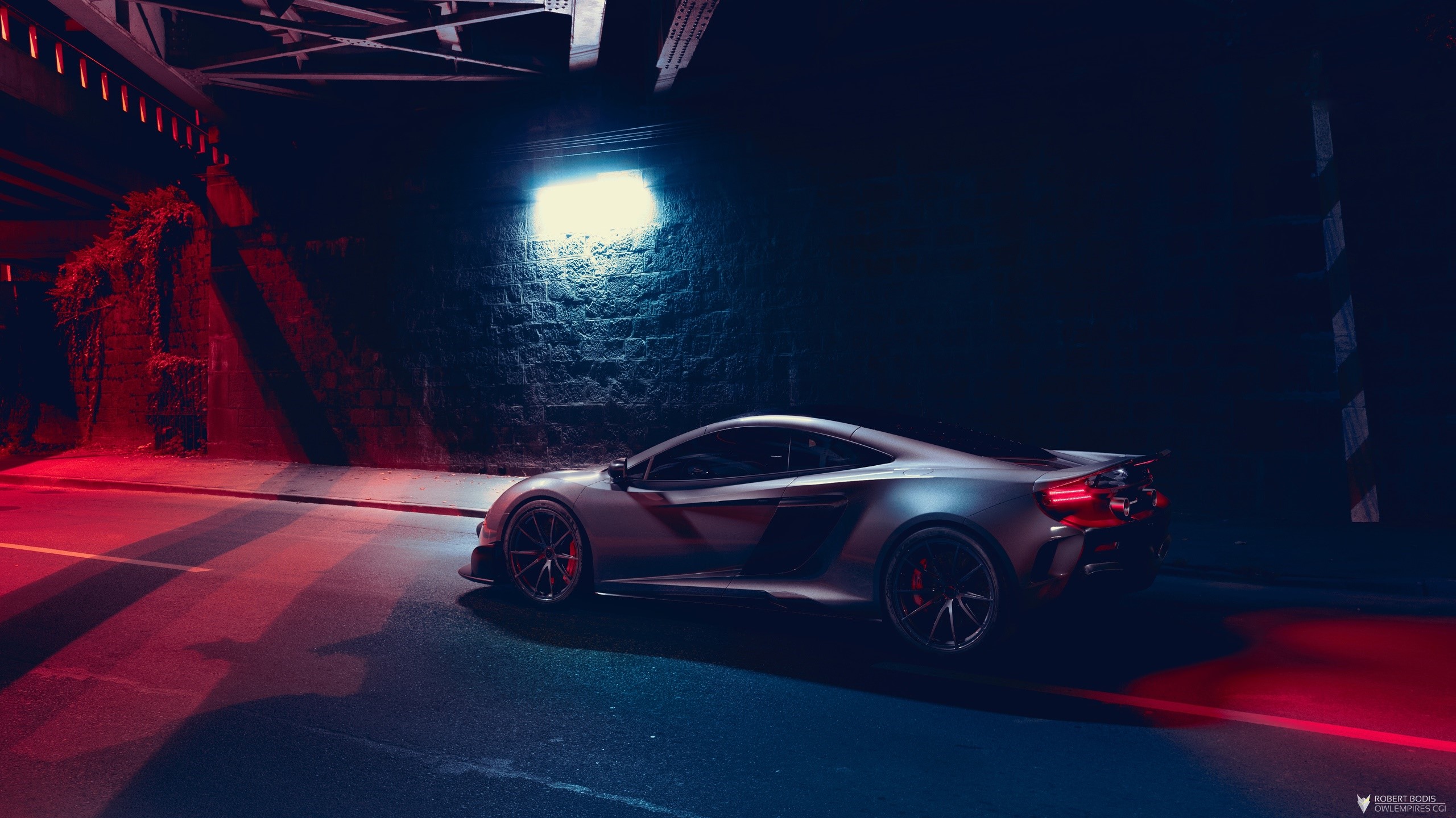 McLaren car parked under a bridge with red and blue lights HD Wallpaper