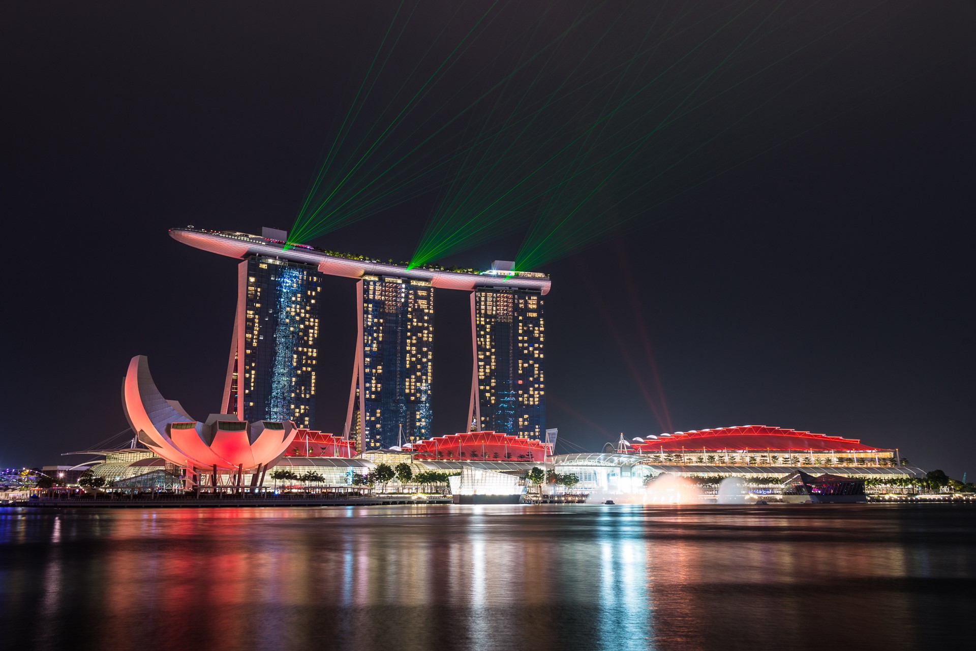 Marina Bay Sands Singapore at Night with Lasers HD Wallpaper