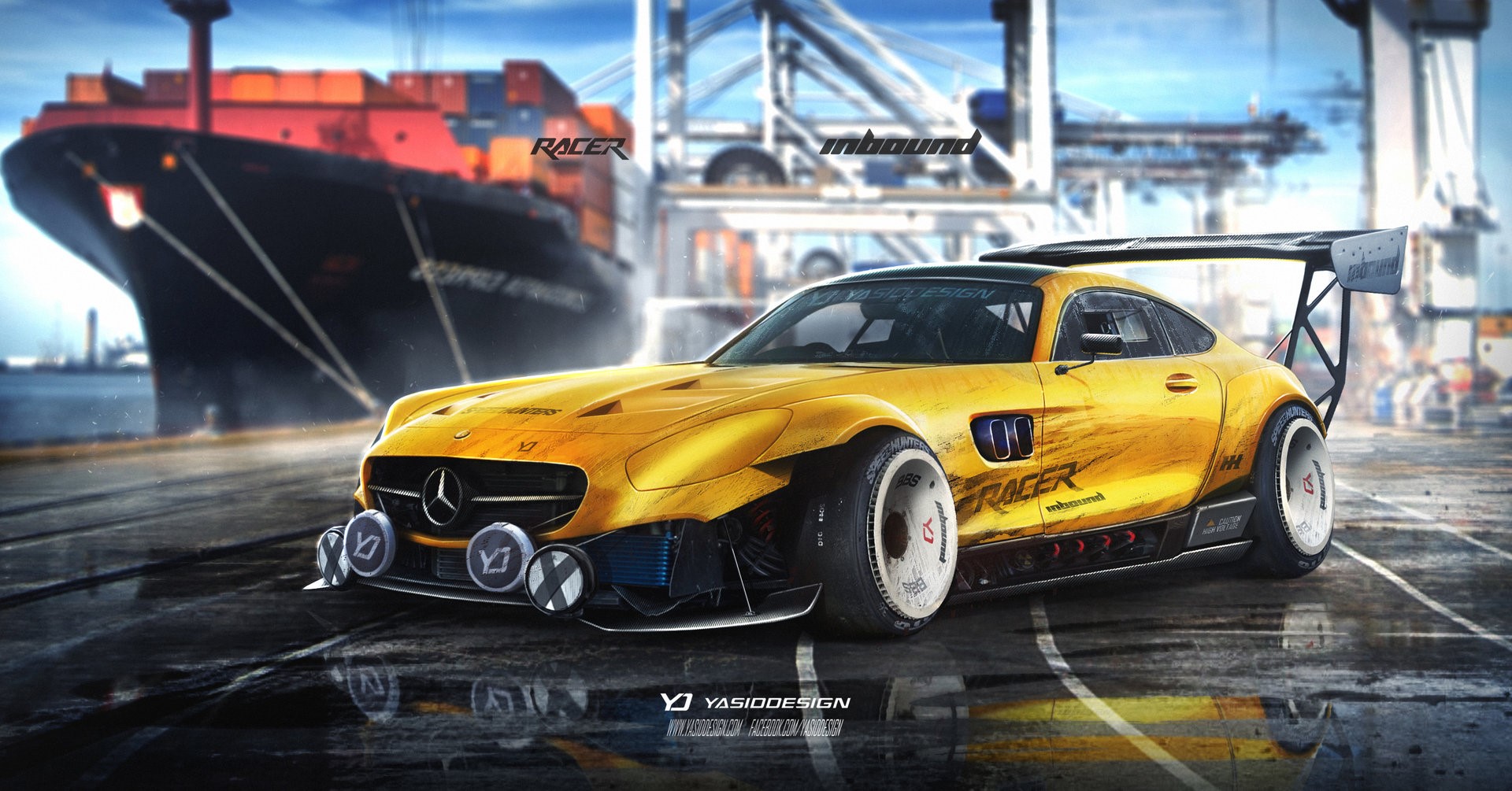 Yellow Mercedes-Benz GT race car at a port HD Wallpaper
