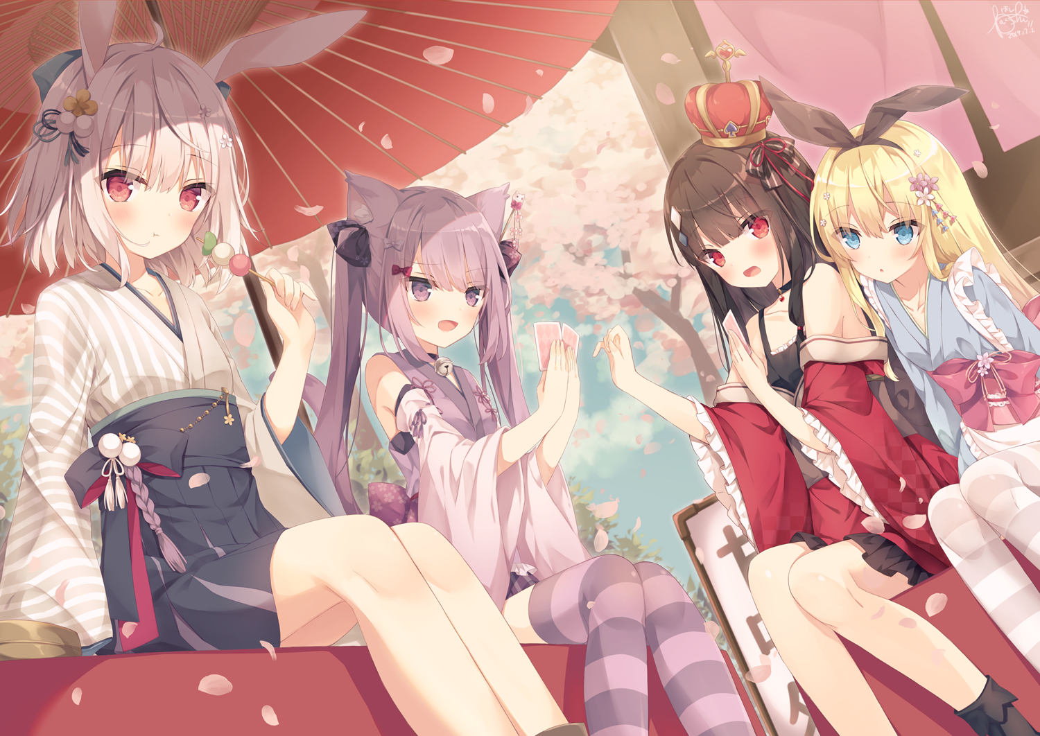 Four anime girls in Japanese clothes with animal ears HD Wallpaper