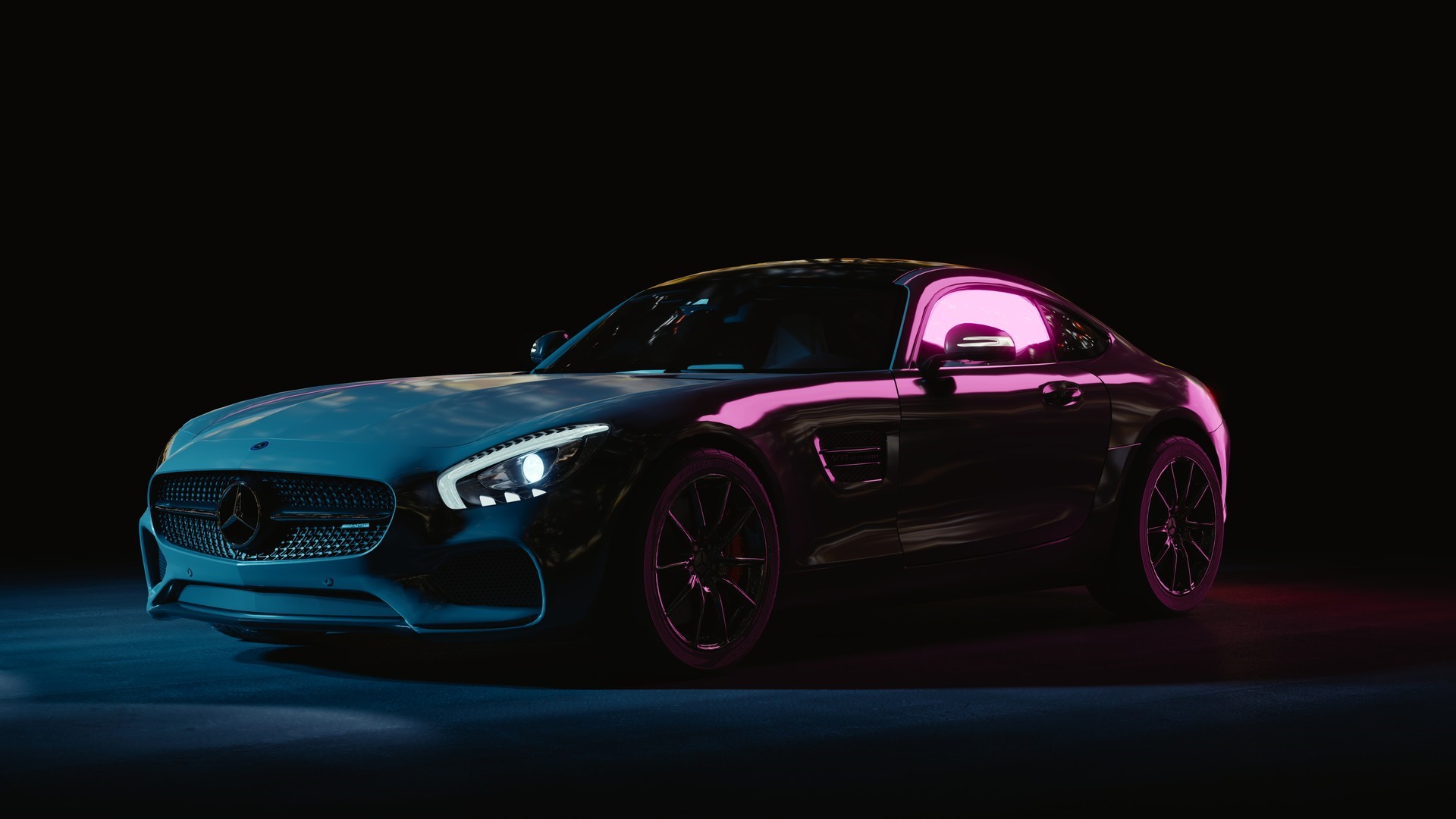 Mercedes Benz car with violet and light blue lighting HD Wallpaper