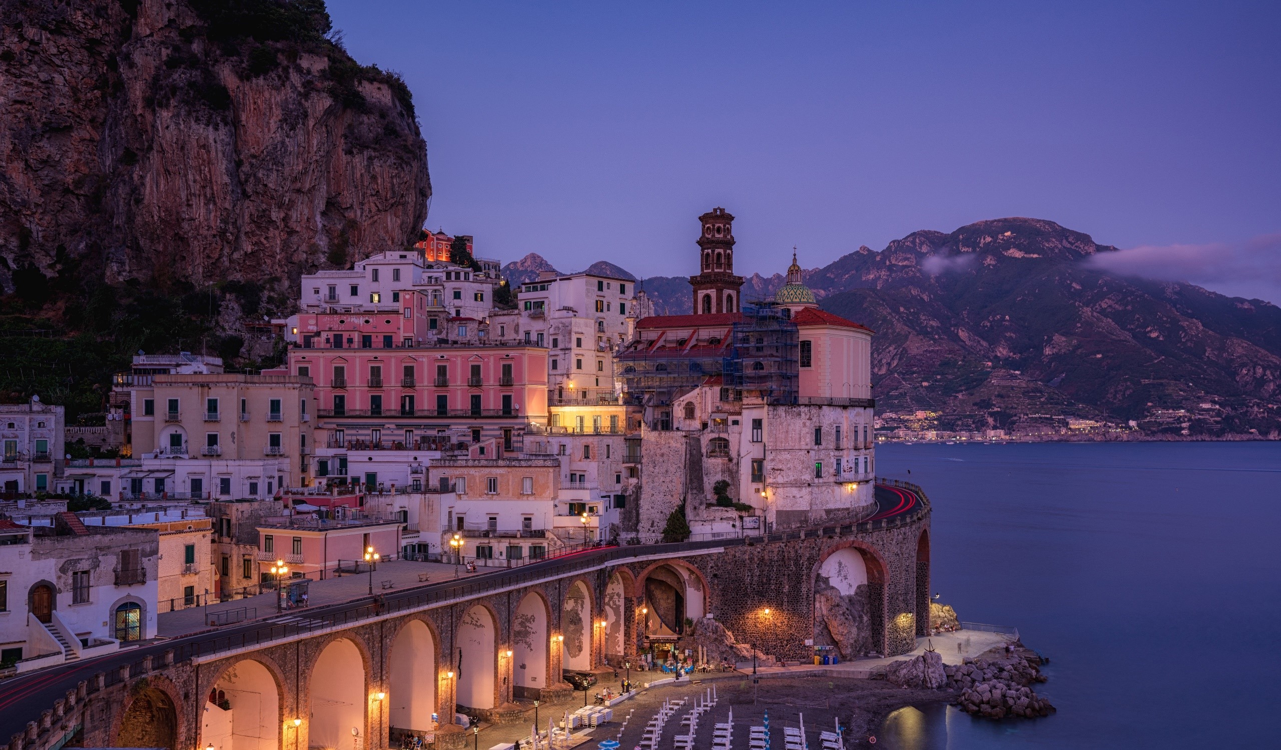 Atrani, Italy at Dusk with Mountains and Sea HD Wallpaper