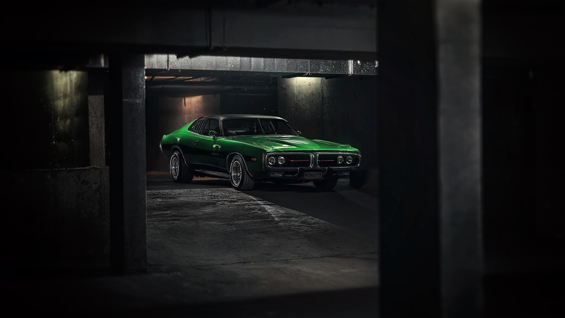 Green Dodge Charger parked in a dark garage HD Wallpaper