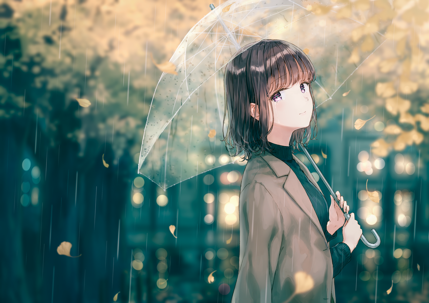 Anime girl with umbrella in the rain HD Wallpaper