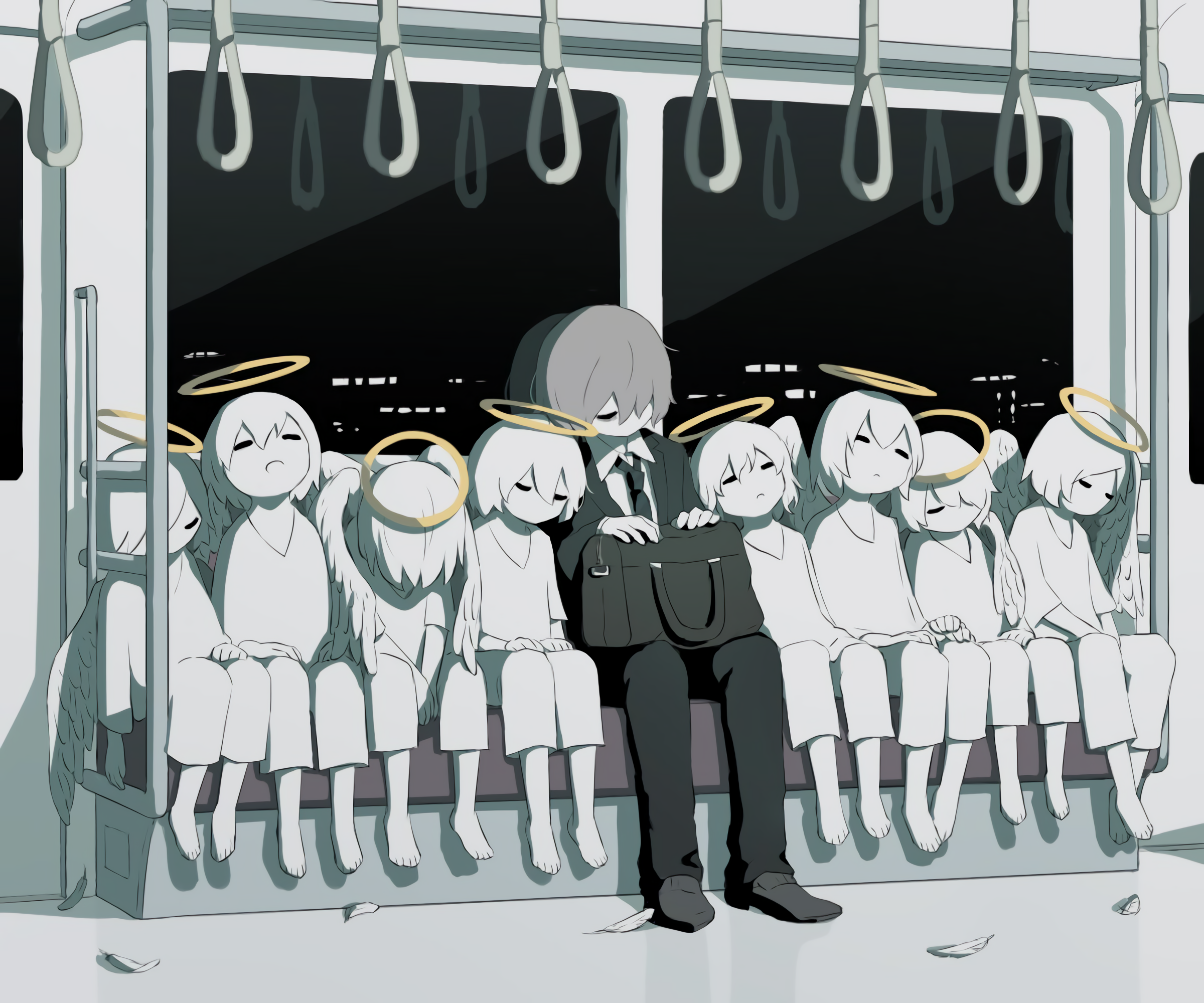Man with angels on a train HD Wallpaper