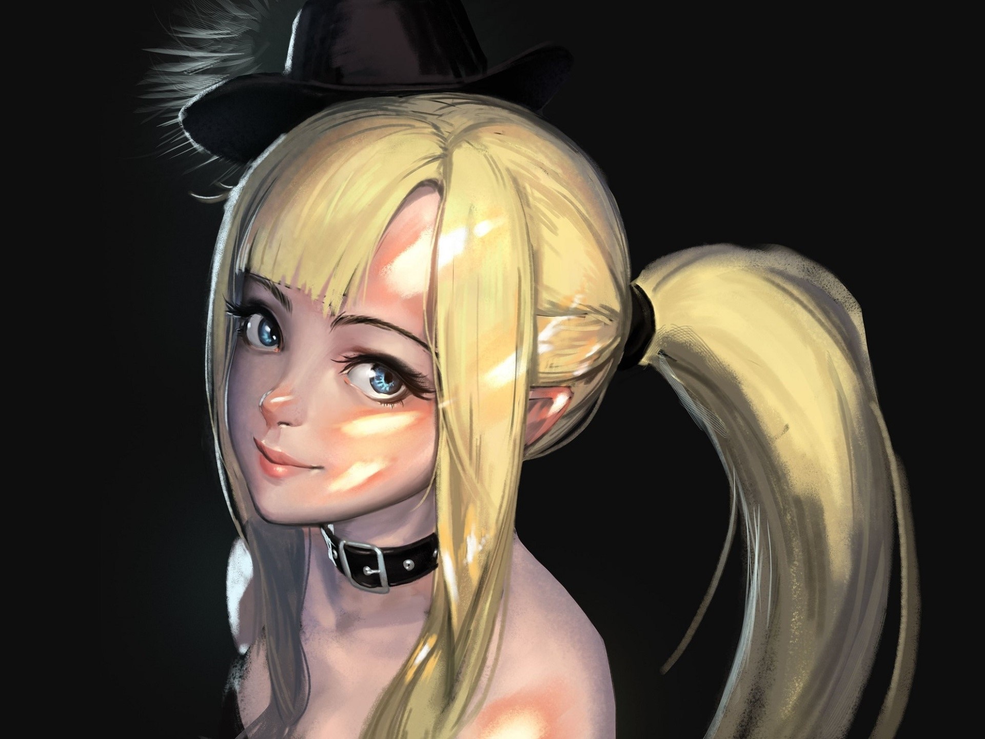 Anime girl with blonde hair and blue eyes wearing a black hat HD Wallpaper