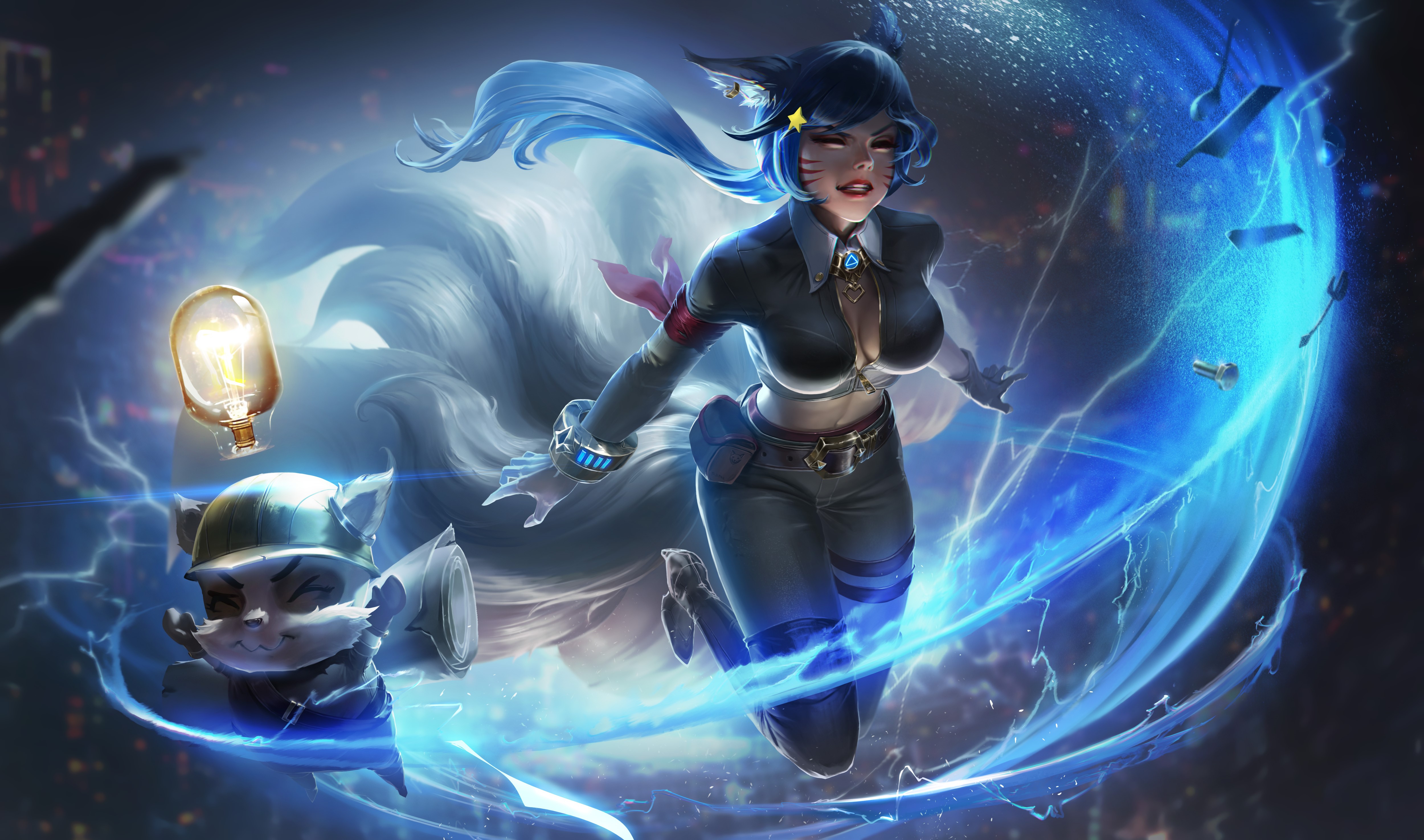 Ahri from League of Legends with a companion HD Wallpaper