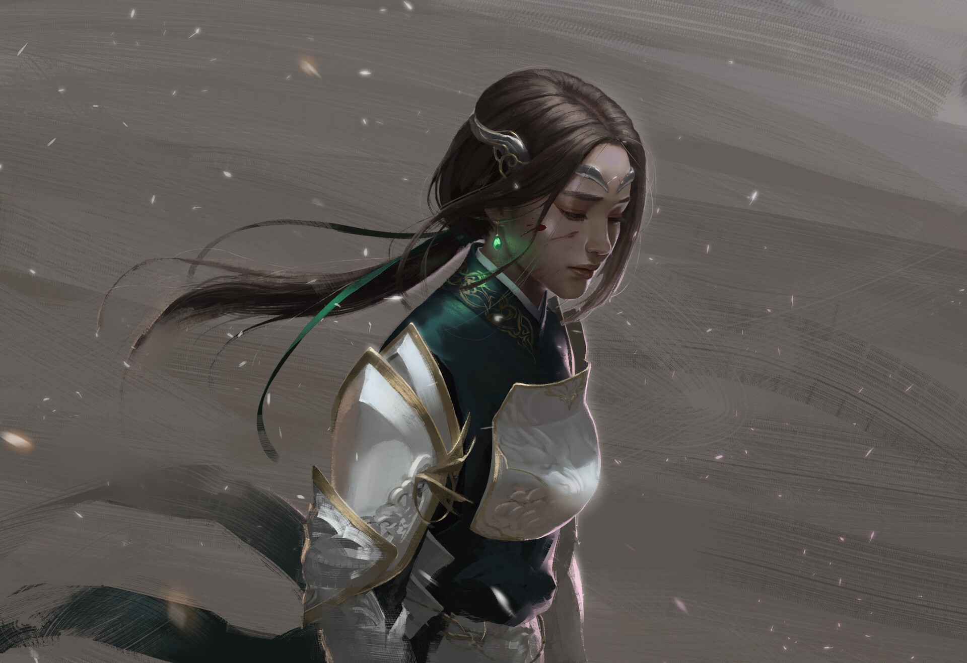 Artwork of a woman with long brown hair and armor HD Wallpaper