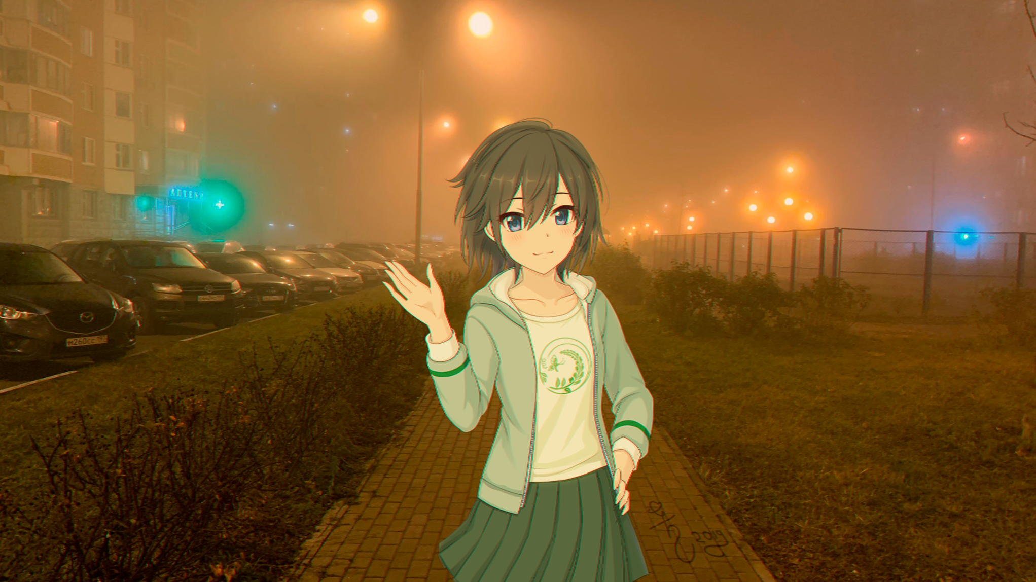 Anime girl walking on a foggy street in Russia HD Wallpaper