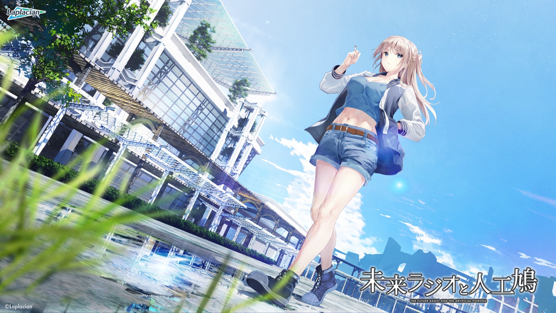 Anime girl in shorts and jacket by modern building HD Wallpaper
