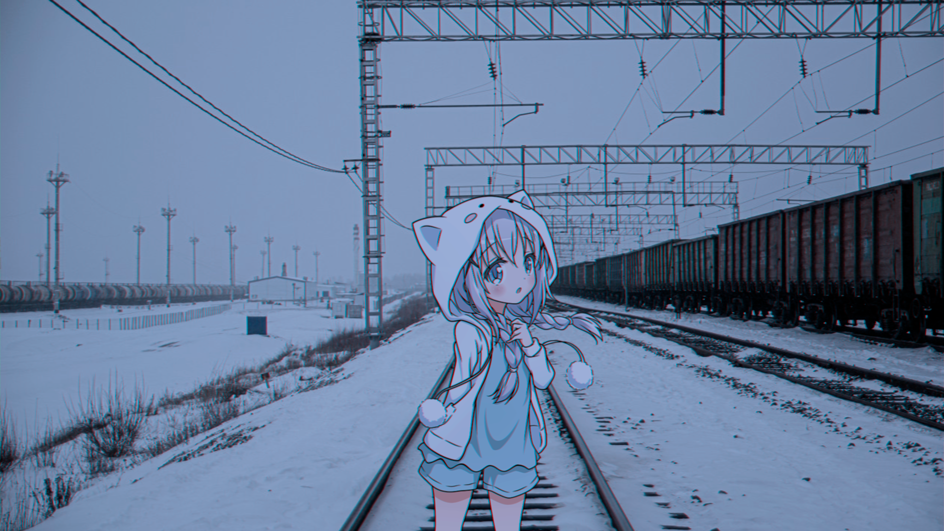Anime girl in cat hoodie on snowy railway tracks HD Wallpaper