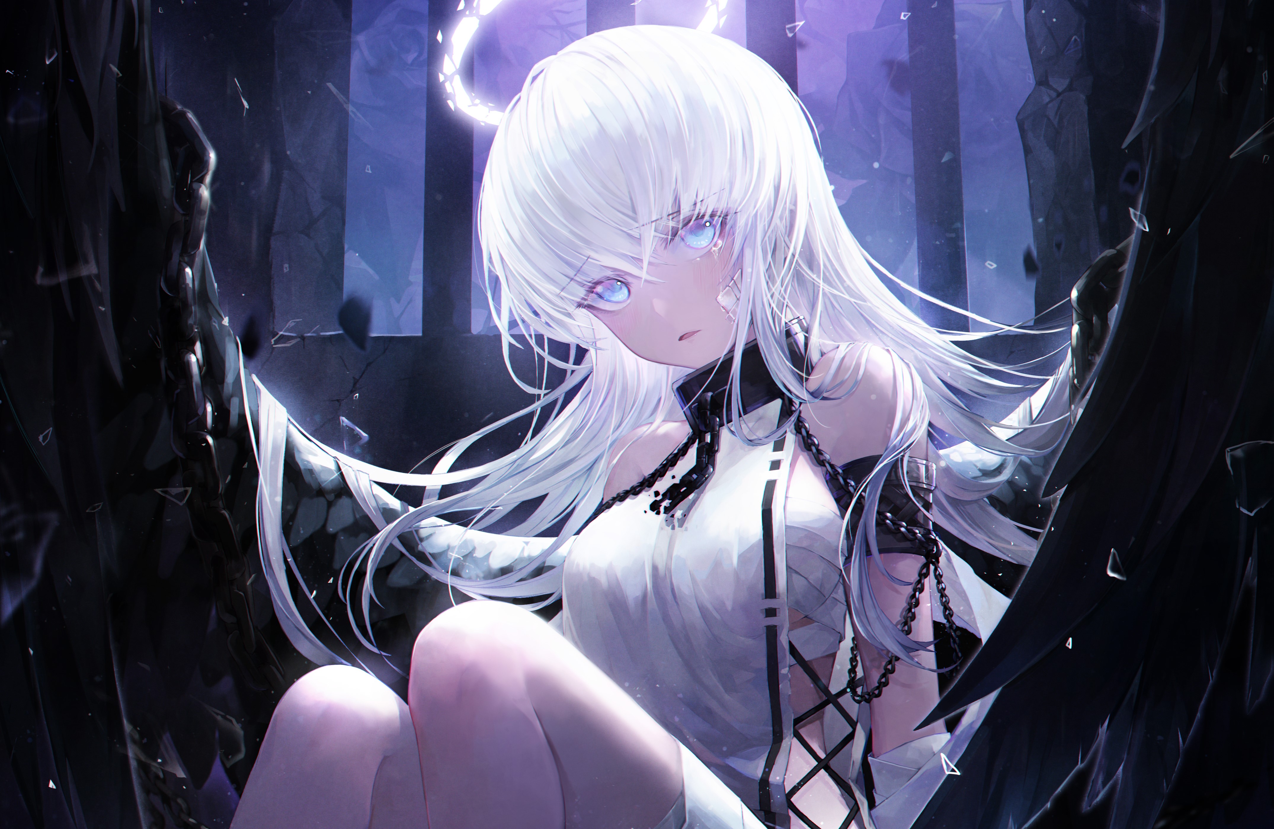 Anime girl with white hair and black wings HD Wallpaper