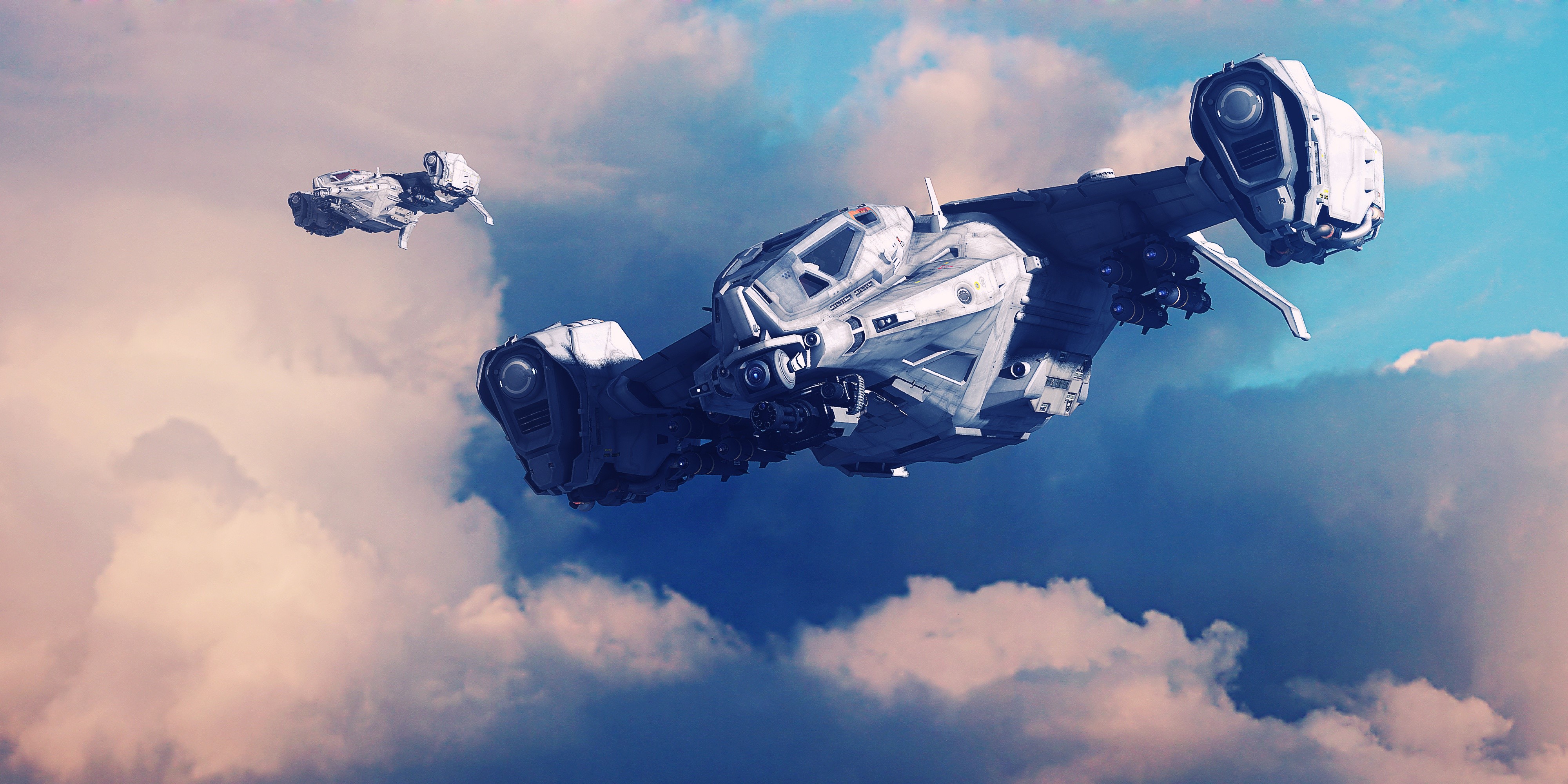 Two futuristic spaceships flying through clouds HD Wallpaper