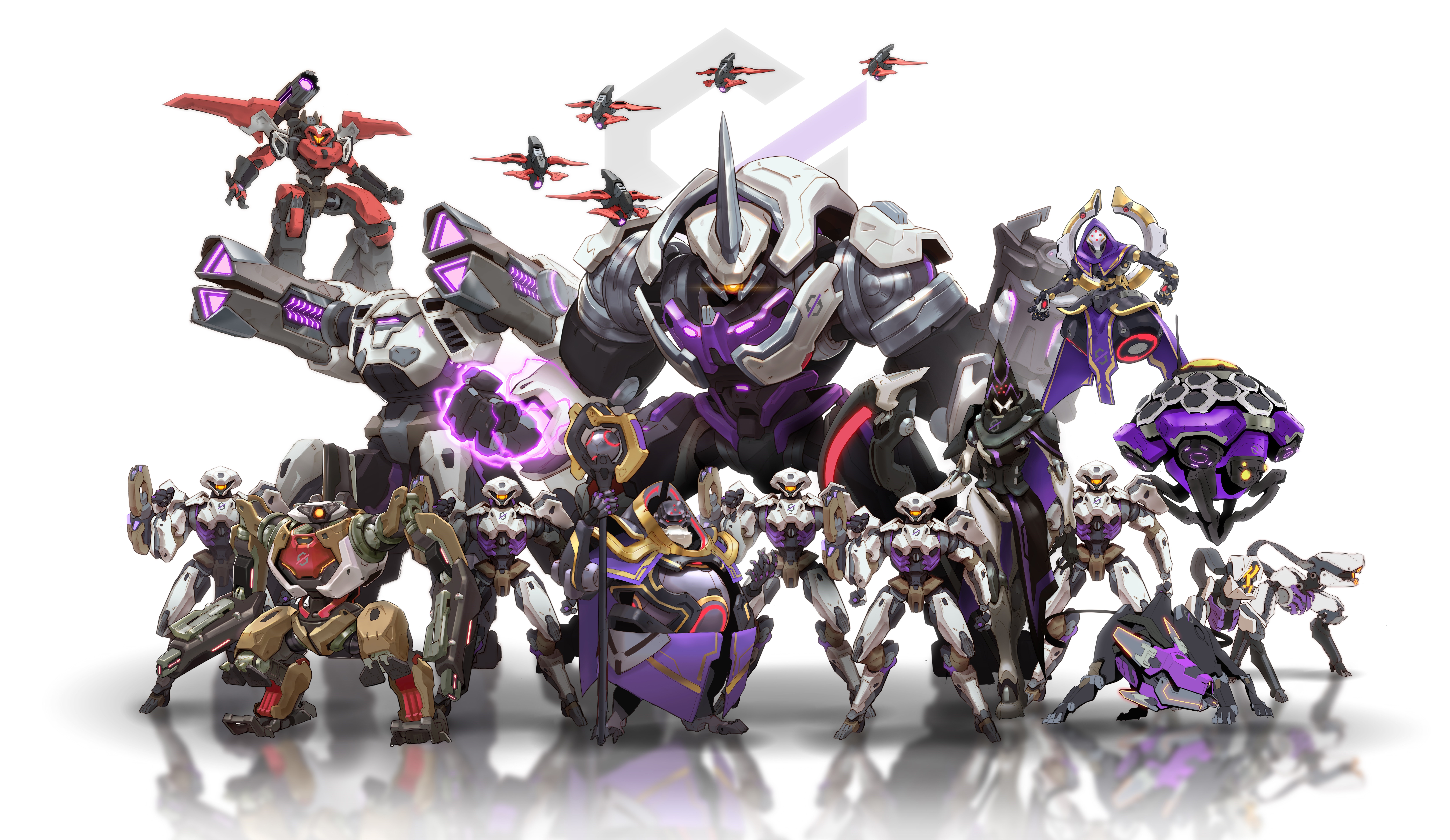 Robotic characters from Overwatch 2 on white background HD Wallpaper