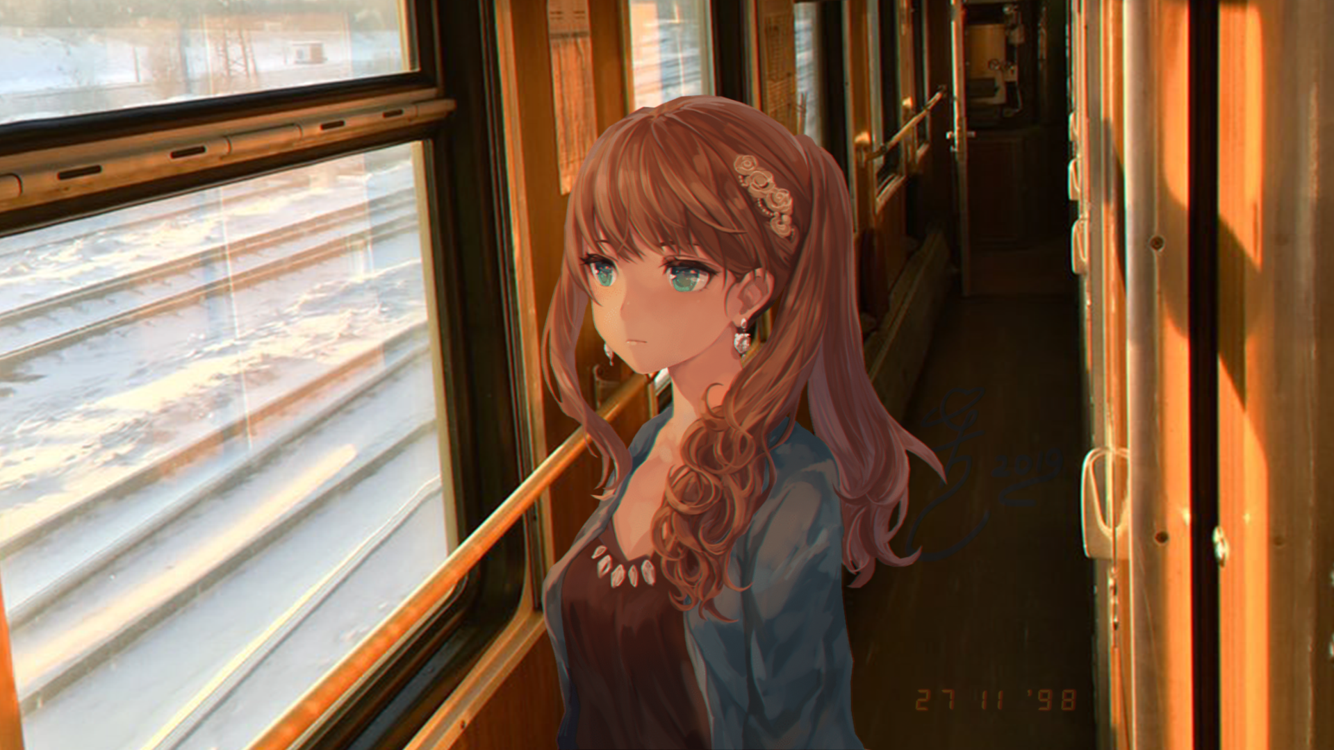 Anime girl looking out train window in winter HD Wallpaper