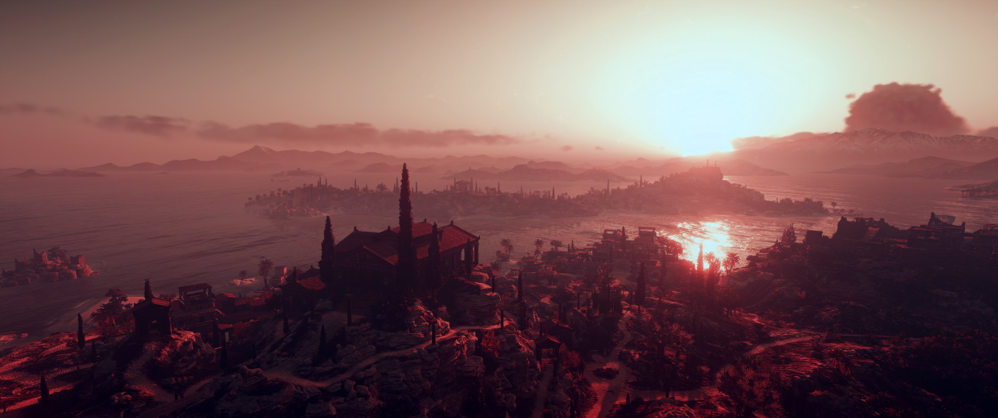 Sunset over a coastal city in Assassin's Creed: Odyssey HD Wallpaper