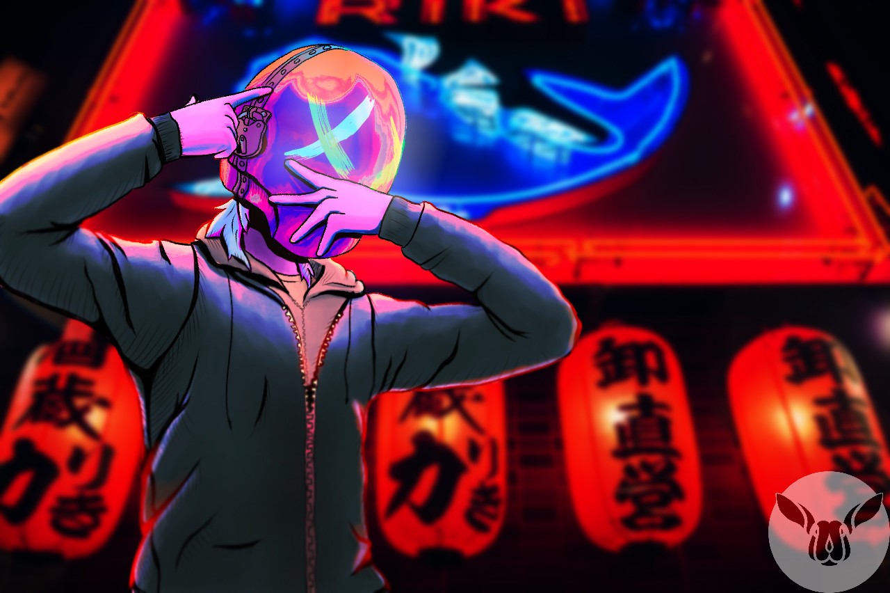 Person with X mask in front of neon sign HD Wallpaper