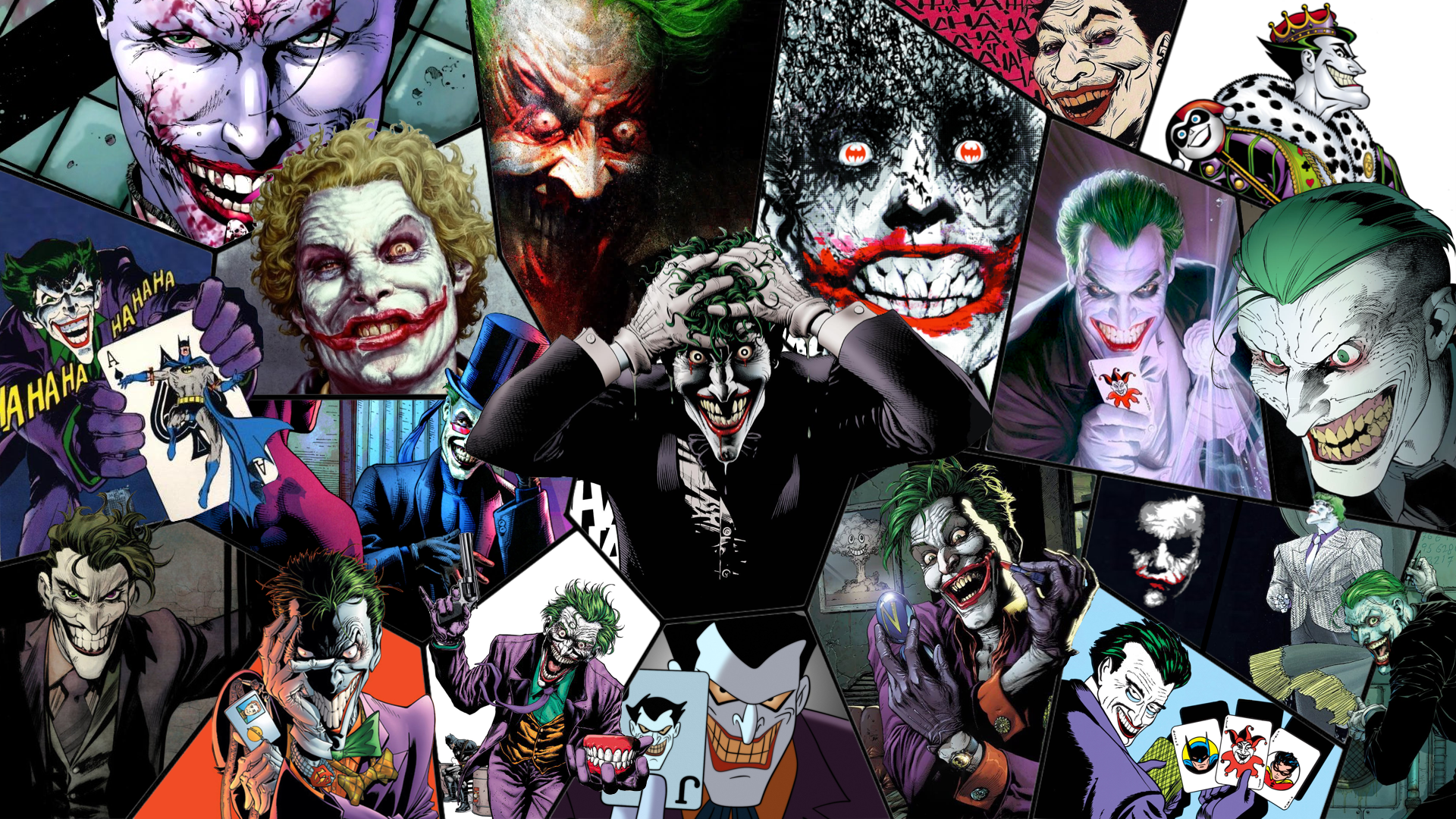 Collage of various Joker artworks from DC Comics HD Wallpaper