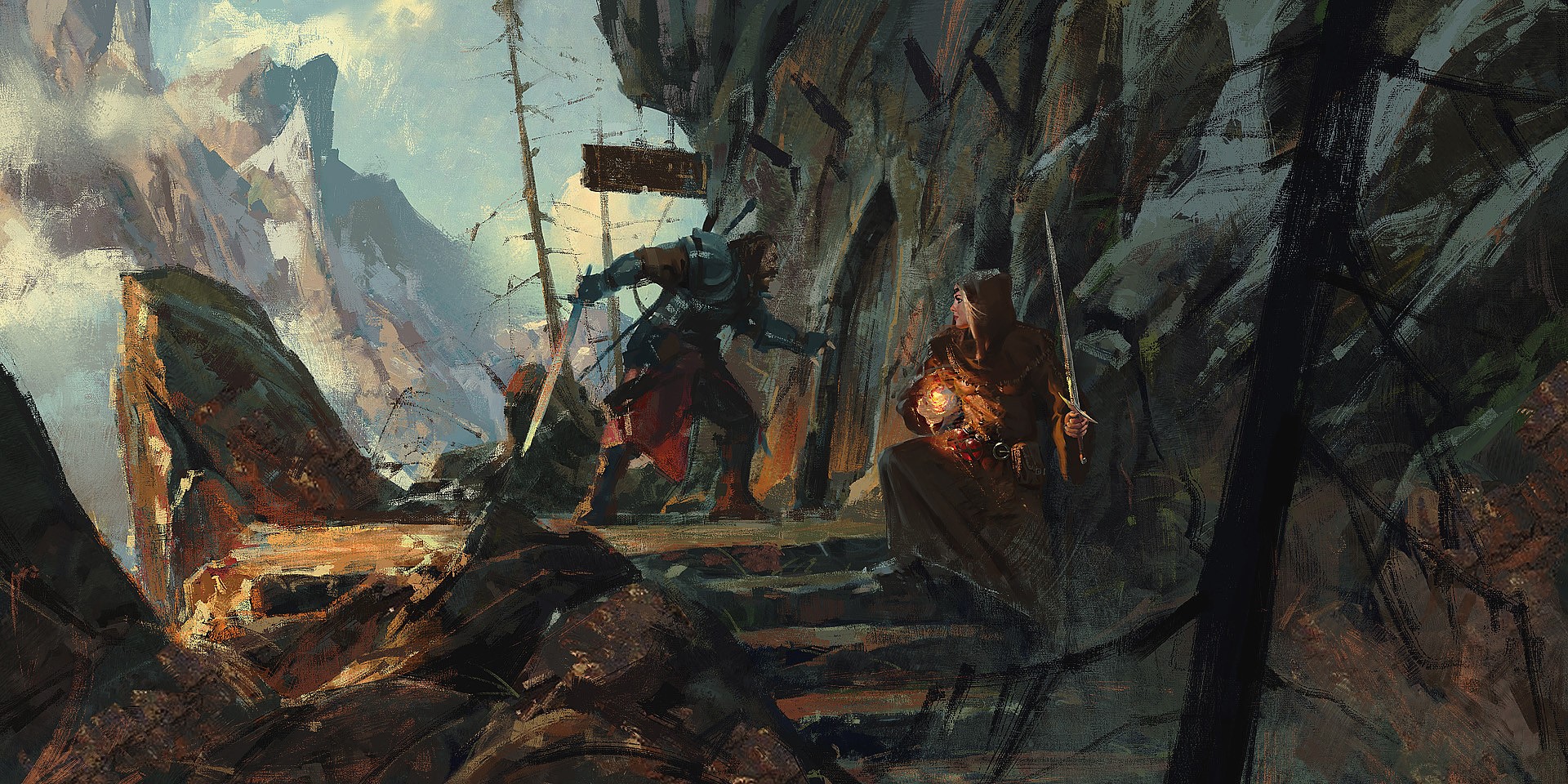Fantasy art of a warrior confronting a magician in mountains HD Wallpaper